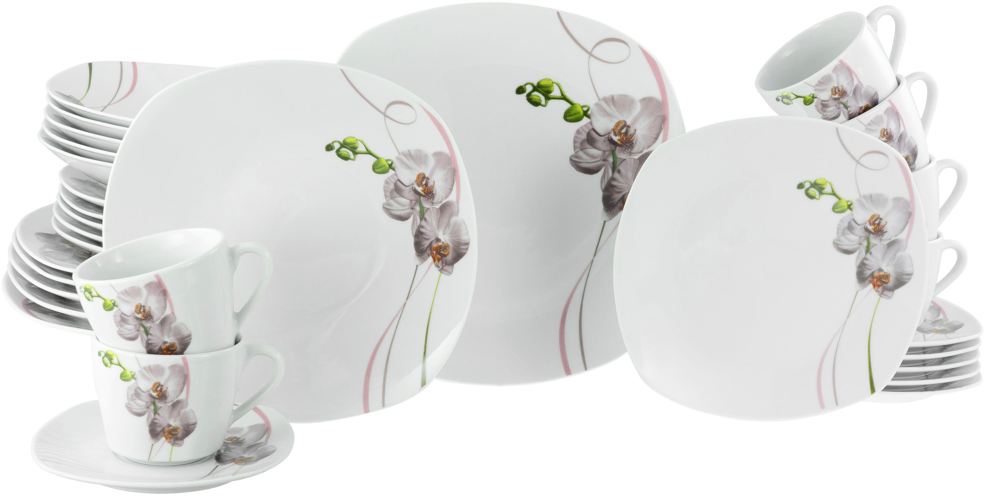 CreaTable Комбинированное обслуживание Square Orchidee, Kombi-Service 30-tlg (30-tlg), 6 Personen, Porzellan, Fotorealistische Darstellung