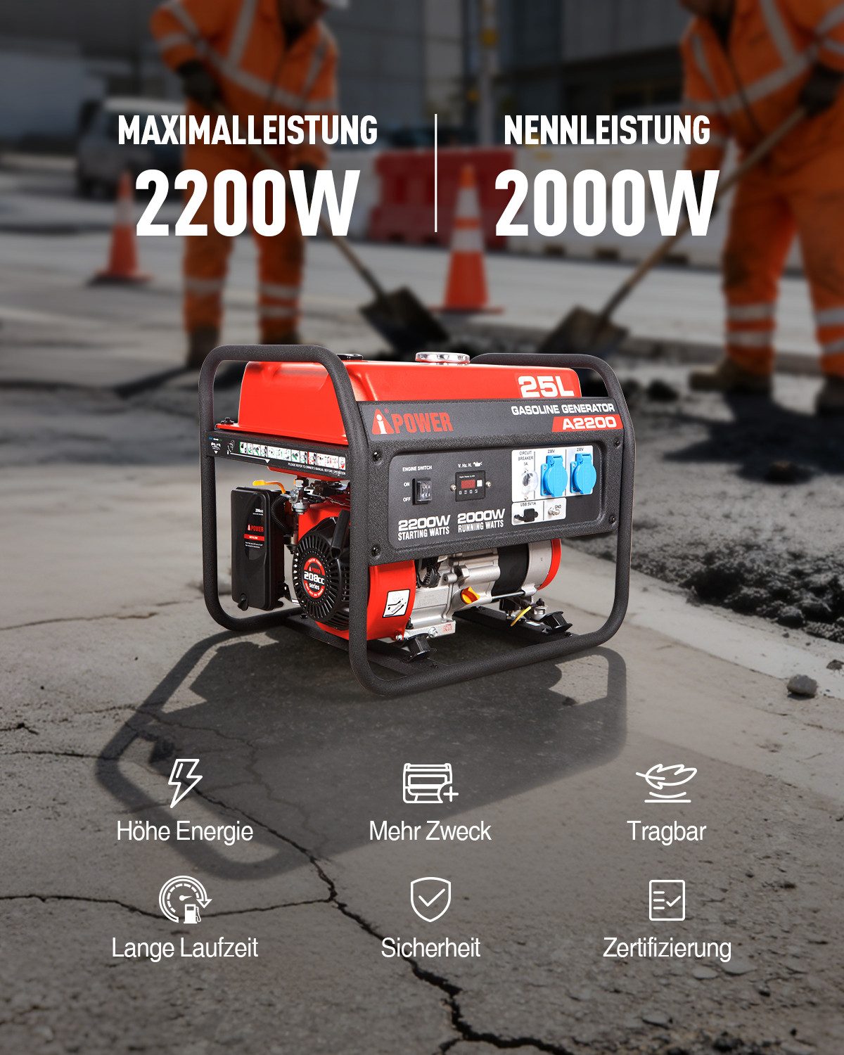 A-iPower Stromerzeuger A2200, 2,2 in kW, (Benzin Stromgenerator Generator Notstromaggregat 4-Takt Motor Stromerzeuger Generator), mit 230V Steckdosen und USB