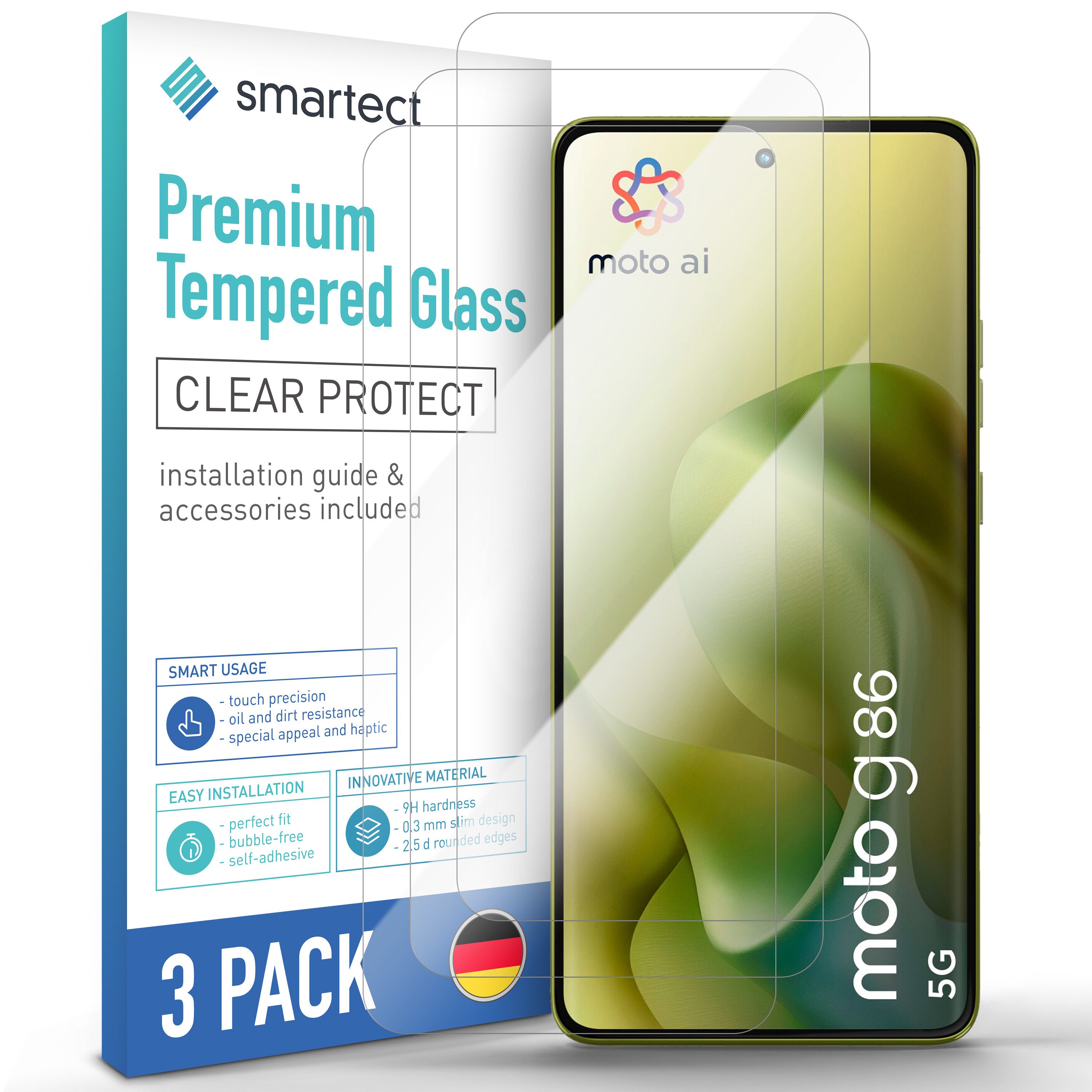 smartect Displayschutzglas Schutzglas Panzerfolie Klar für Motorola Moto G86 5G, Set, 3 Stück, Schutzfolie Glasschutz Bildschirm