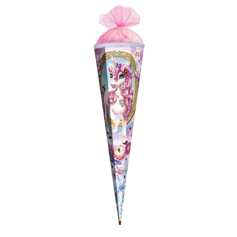 Roth Schultüte Einhorn Beauty mit Glitzerborte, 85 cm, eckig, Zuckertüte mit Tüllverschluss und Rot(h)-Spitze