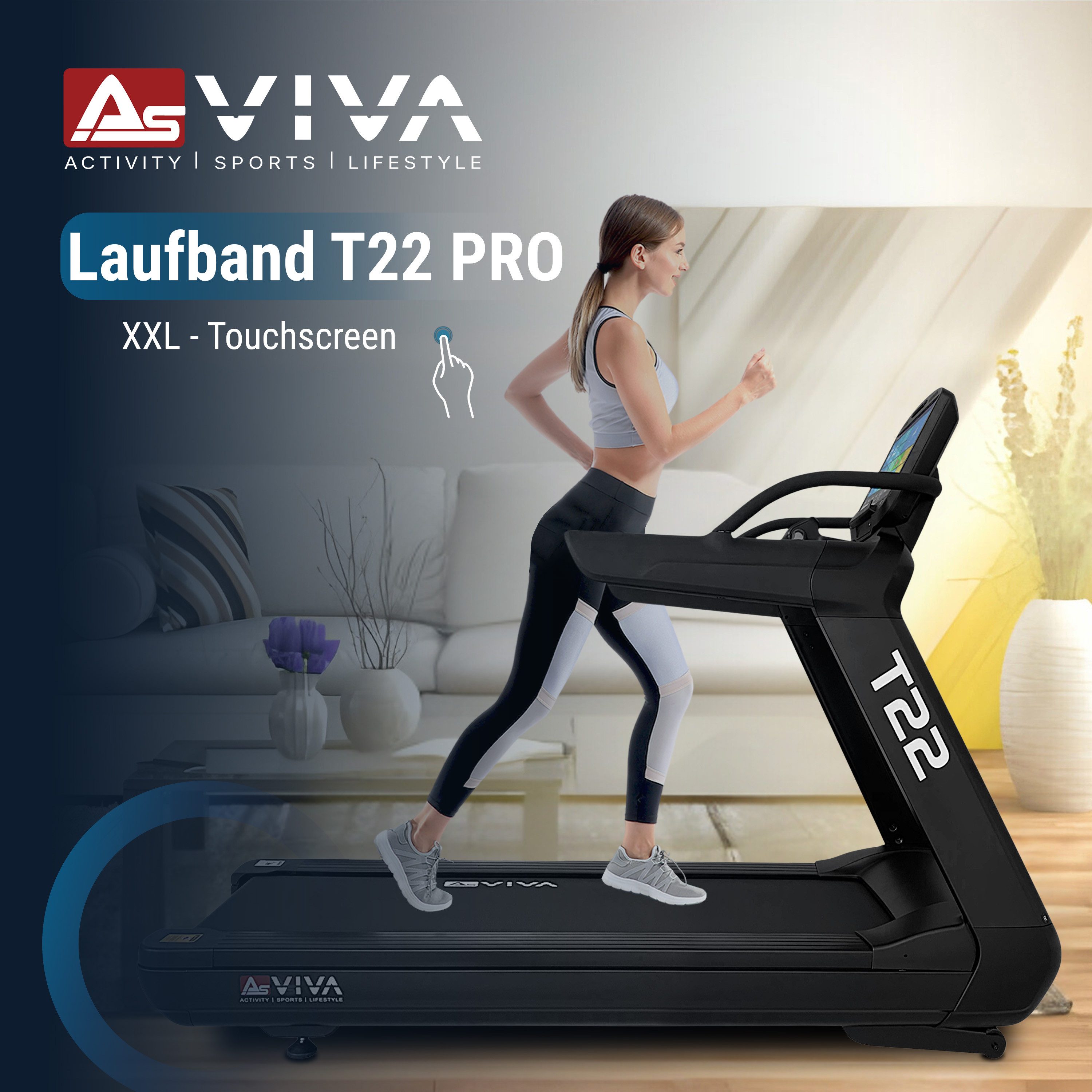 AsVIVA Laufband T22 Pro-Studio, 9 PS Motor, 21 % Steigung, 23,5" Touchscreen & Wi-Fi
