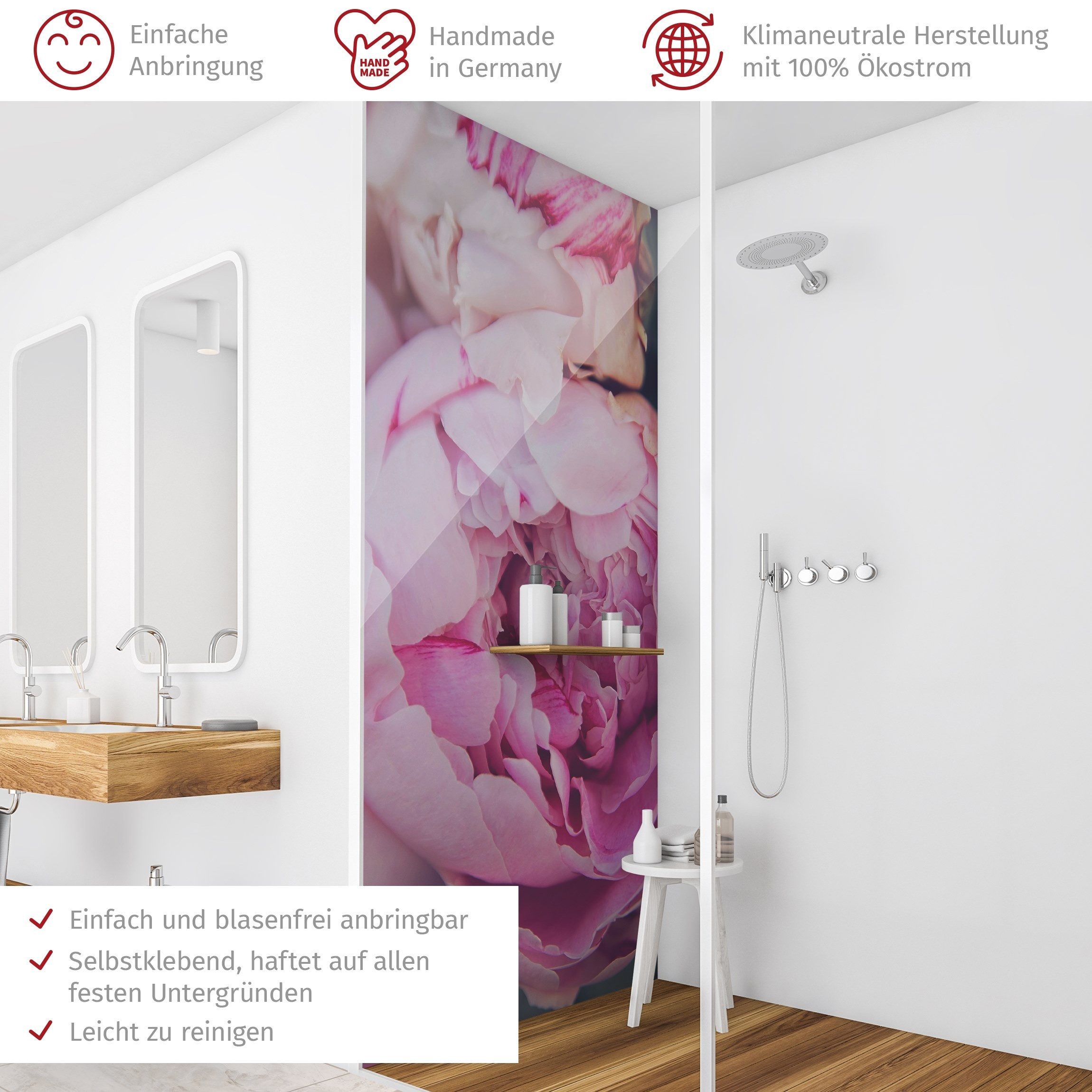 Thumbnail - Bilderdepot24 Badrückwand Blumen rosa Duschrückwand ohne Bohren Dusche Shabby, (1-tlg., Hart-Folie Premium matt 0,61 mm)...