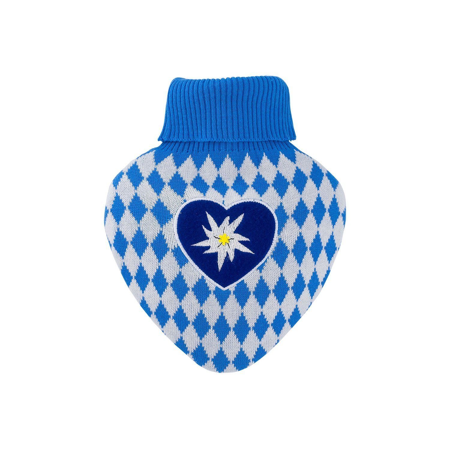 Hugo Frosch Wärmflasche Herz 1,0 l mit Bezug, Made in Germany - Strick Bayern weiß-blau