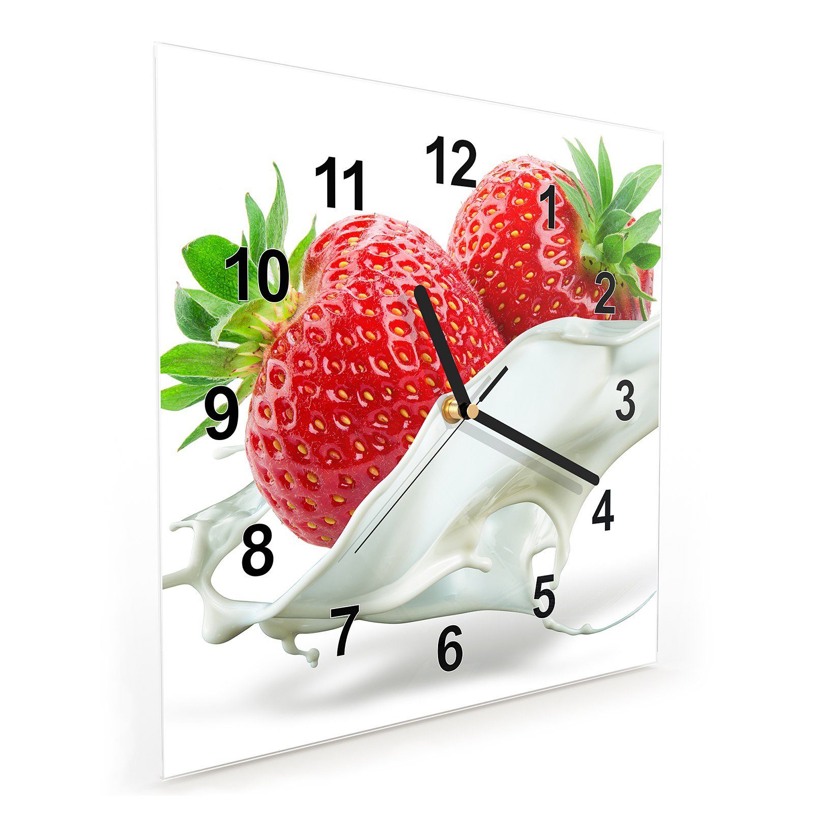 Wandkunst 30 mit Motiv Wanduhr Milch Splash Primedeco cm Größe 30 x im Wanduhr Erdbeeren Glasuhr