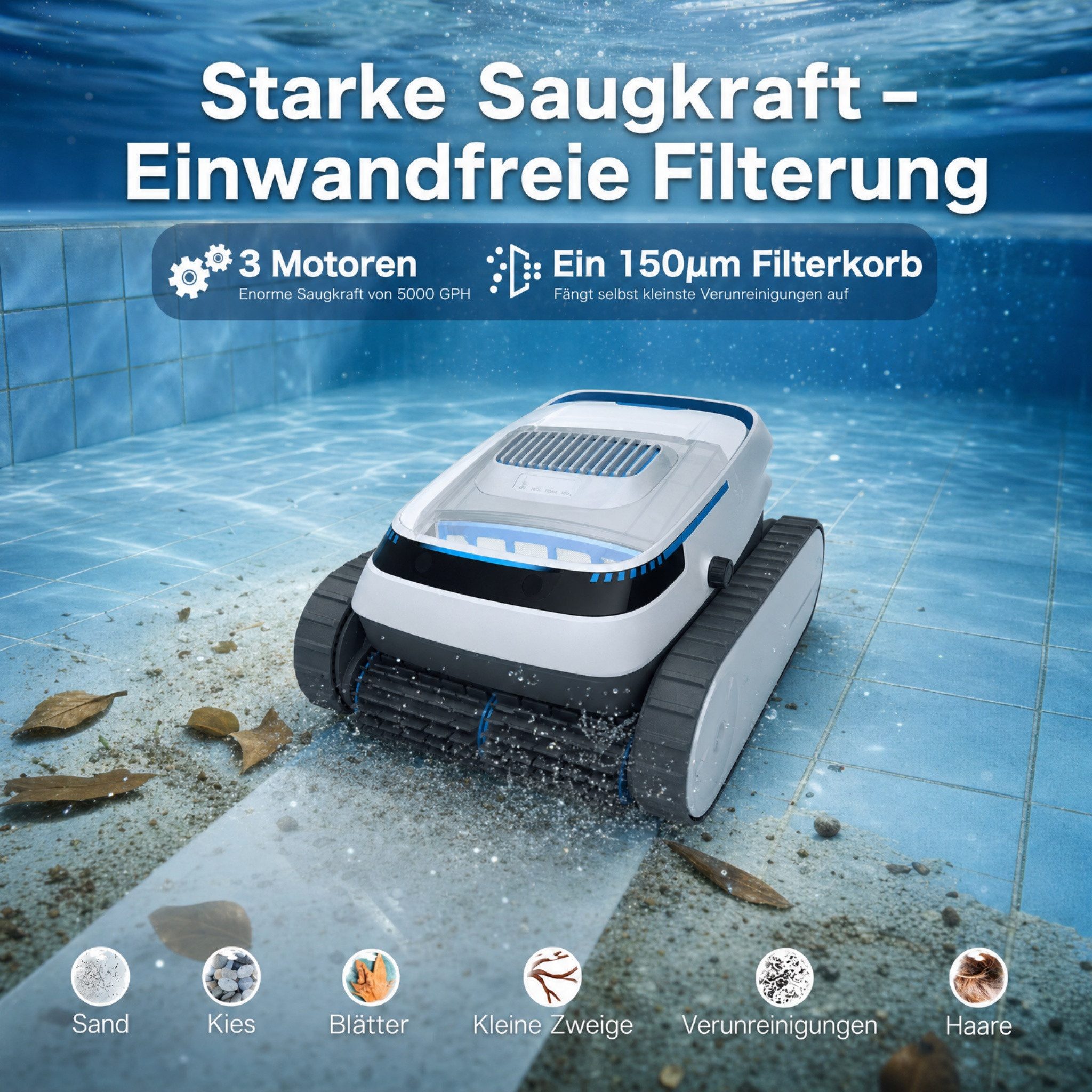 Blossom Poolroboter Akku Poolsauger für Boden Wand Wasserlinie, bis 200m² Pools, Kabellos Poolsauger 60kpa/5200mah für Aufstellpool & Einbaupool
