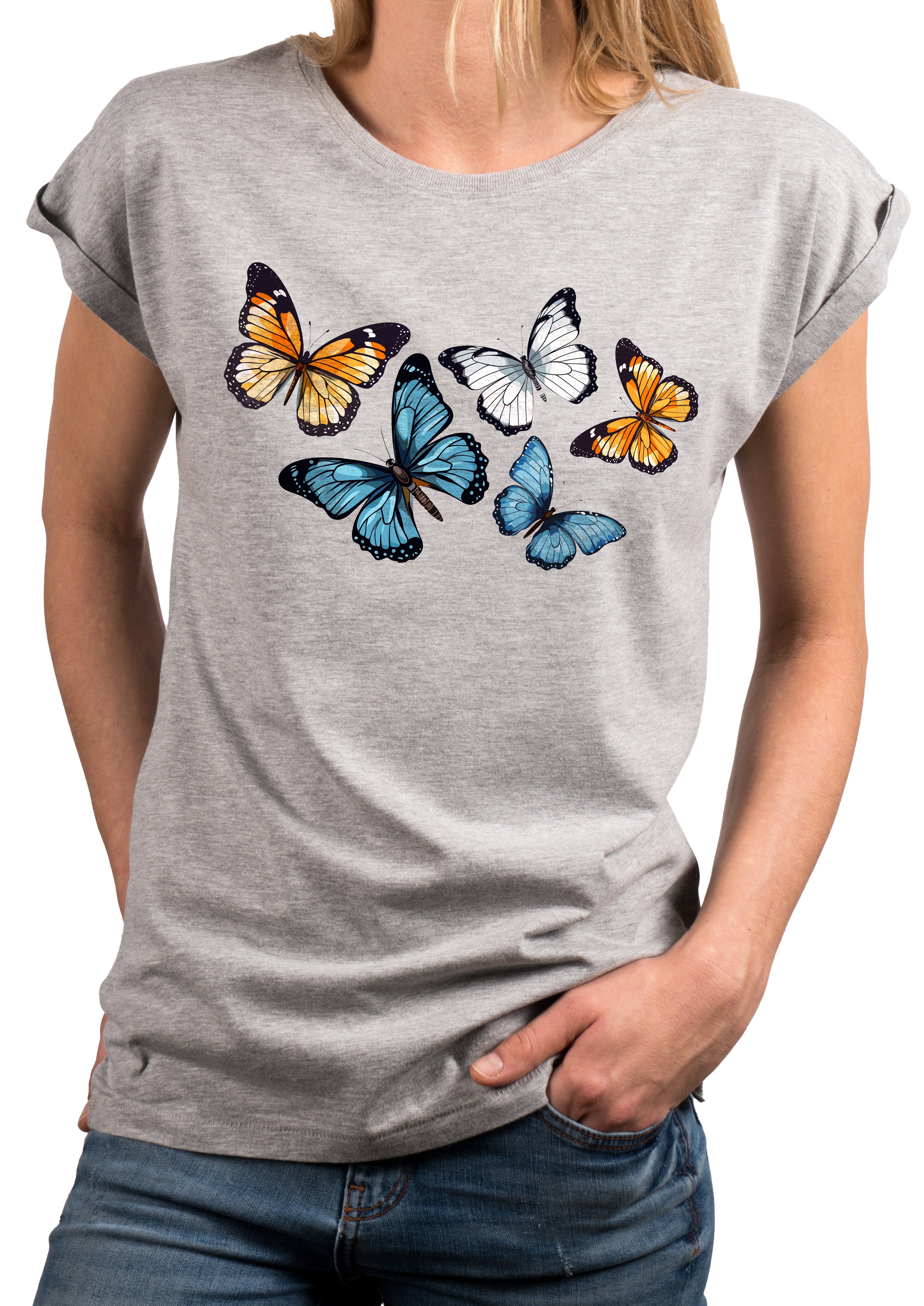 MAKAYA Print-Shirt Damen Kurzarm Baumwolle Schmetterling Butterfly Aufdruck Sommer Top mit Druck, große Größen, Baumwolle Grau