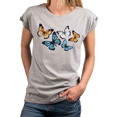 MAKAYA Print-Shirt Damen Kurzarm Baumwolle Schmetterling Butterfly Aufdruck Sommer Top mit Druck, große Größen, Baumwolle