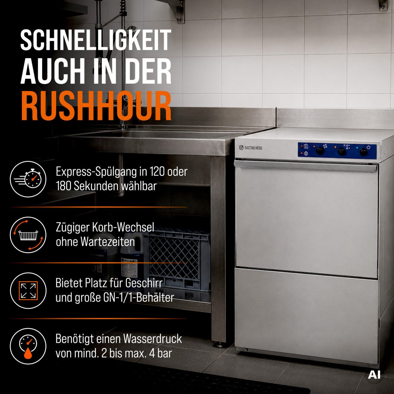 GastroHero Dönergrill Geschirrspülmaschine 50x50 ECO GSME54SL 230/400V Gastro, 4900 W