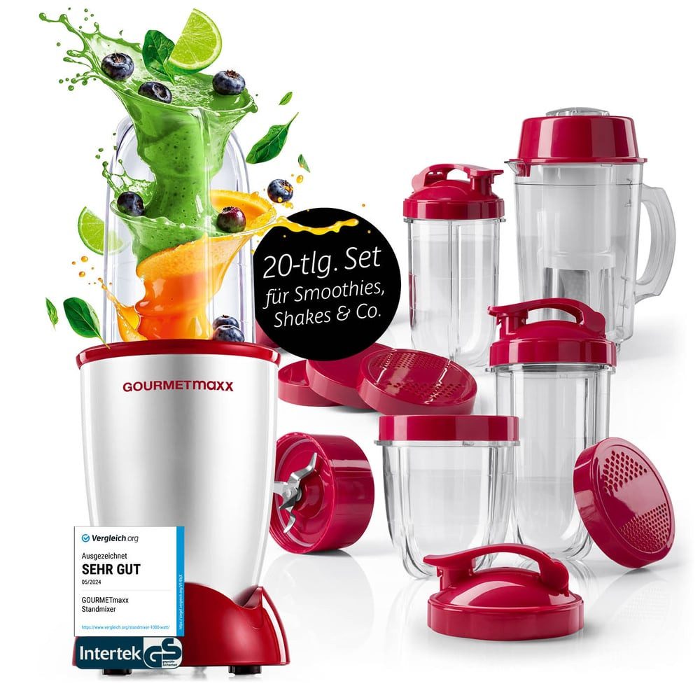 GOURMETmaxx Standmixer Mixer Mr. Magic 19-tlg. 400W silber/rot, 400 W, inkl. Zubehör-Set L rot Speisen Smoothies Getränke 4 Mixbecher To-Go