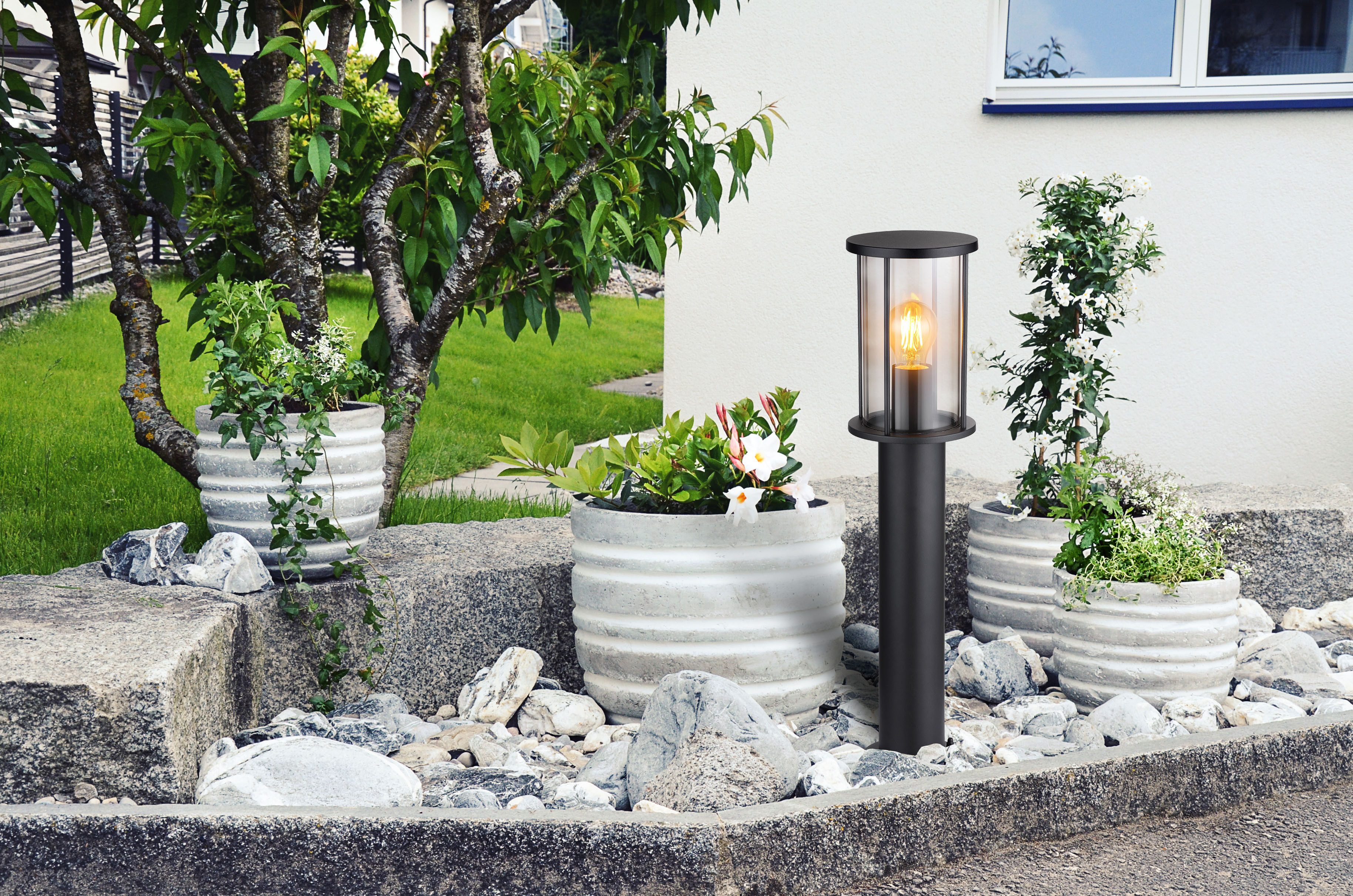 GLOBO LIGHTING Außen-Stehlampe GRACEY, ohne Leuchtmittel, Außenleuchte Edelstahl schwarz, Rauchglas, IP54, E27