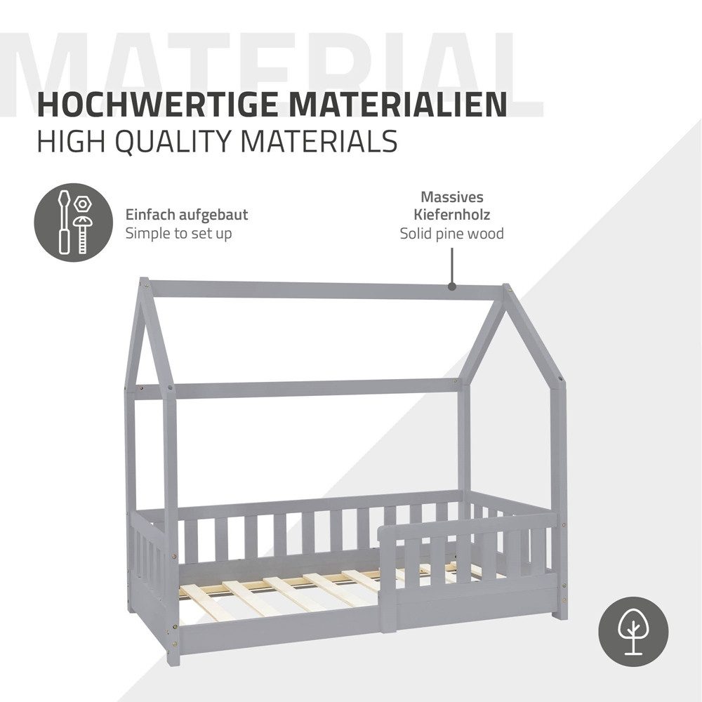 ML-DESIGN Spielbett Hausbett Kinderbett inkl. Lattenrost kreativ Bodenbett für Kinder, Abenteuerbett mit Rausfallschutz Kiefer Hellgrau Himmelbett Bettenhaus – Bild 5 von 5