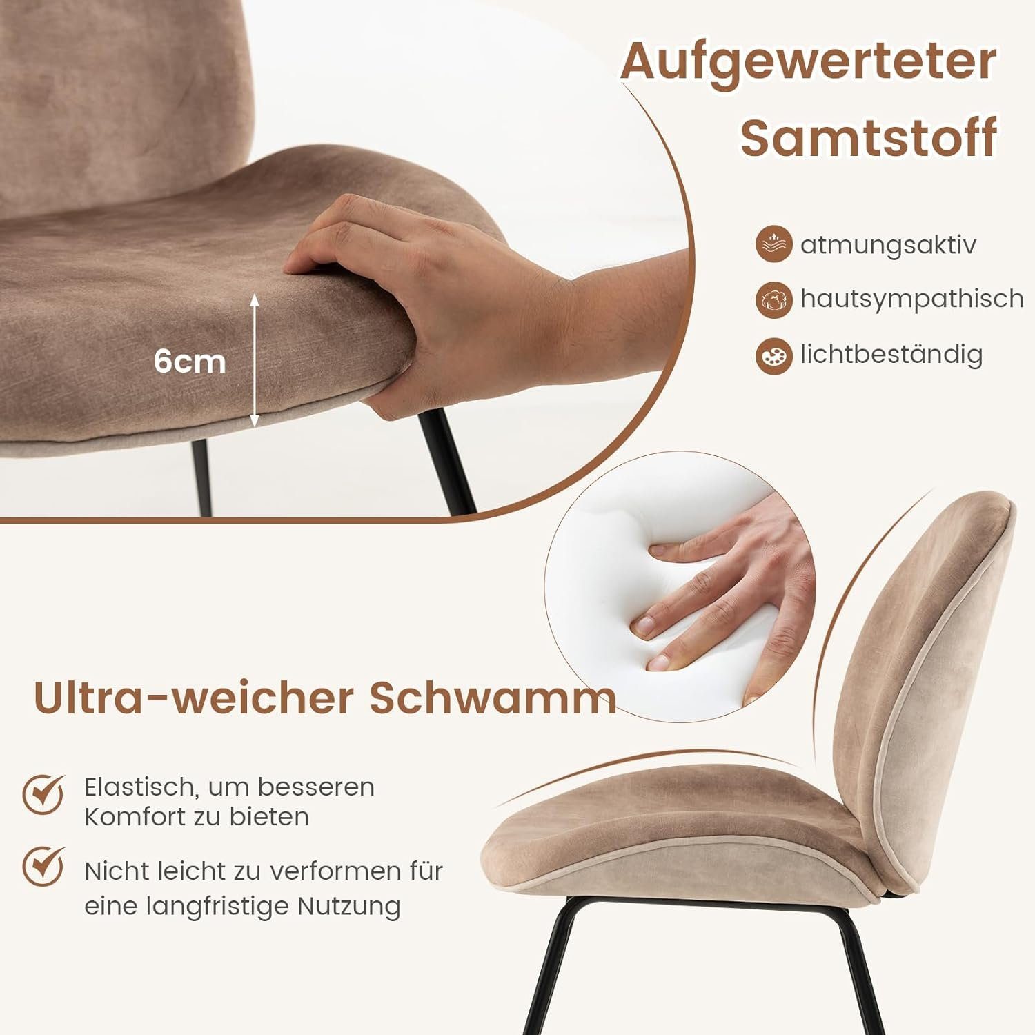 KOMFOTTEU Esszimmerstuhl Küchenstuhl (2er Set), aus Samt Metall,bis 150 kg belastbar