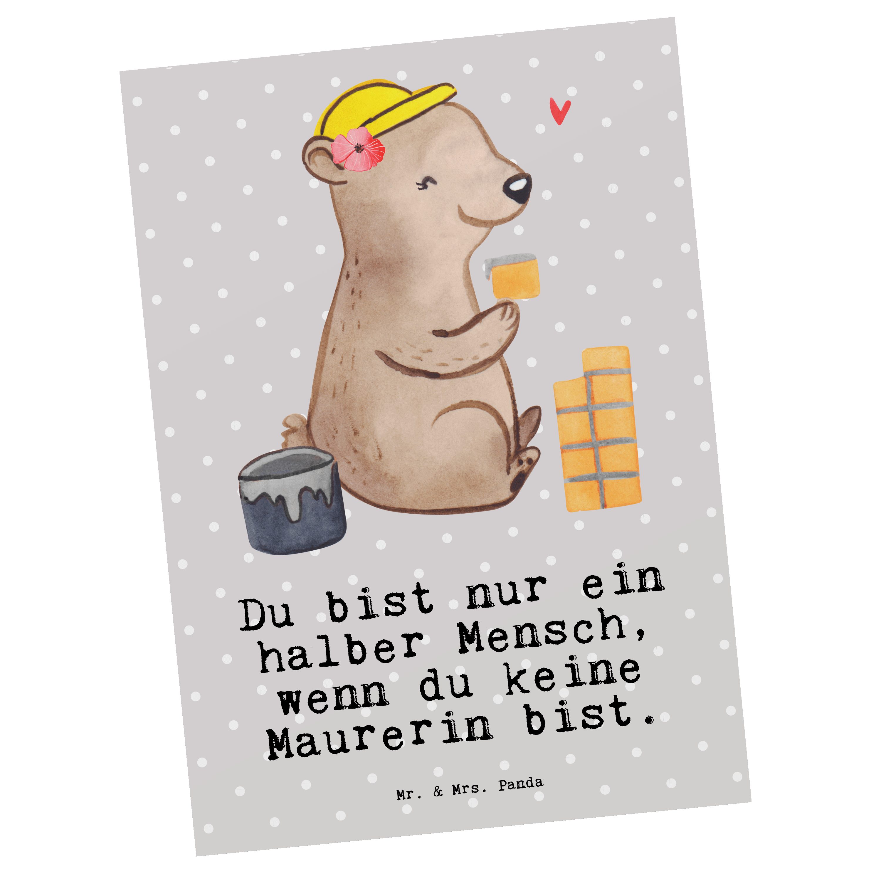 Mr. & Mrs. Panda Postkarte Maurerin mit Herz - Grau Pastell - Geschenk, Dankeskarte, Geburtstags