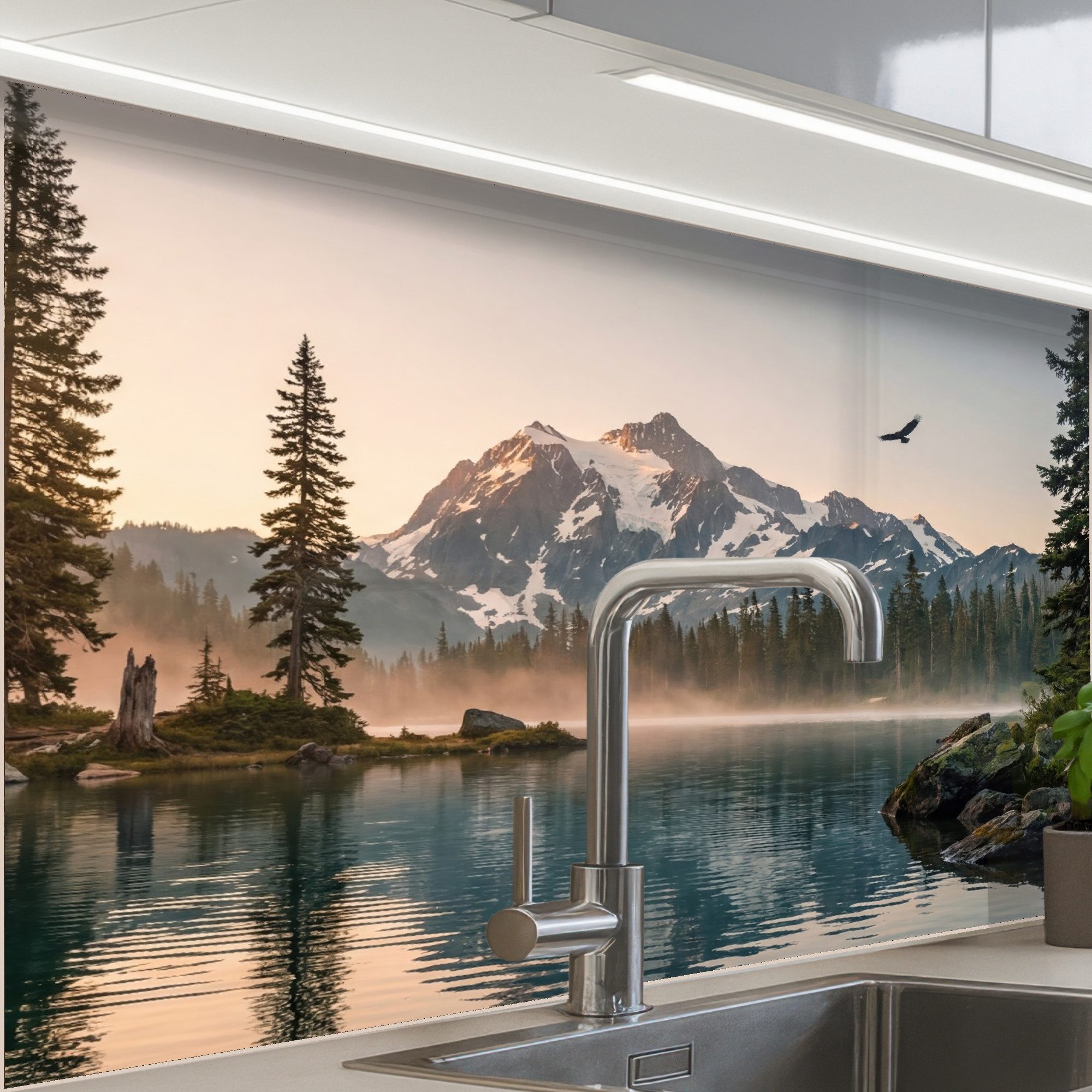 KitchenYeah Küchenrückwand Muster selbstklebend (keine Folie) Berge - Wasser - Bäume, (1-tlg), Spritzschutz, Küche, Rückwand, Küchenwand, Küchenfront, 30x20 cm