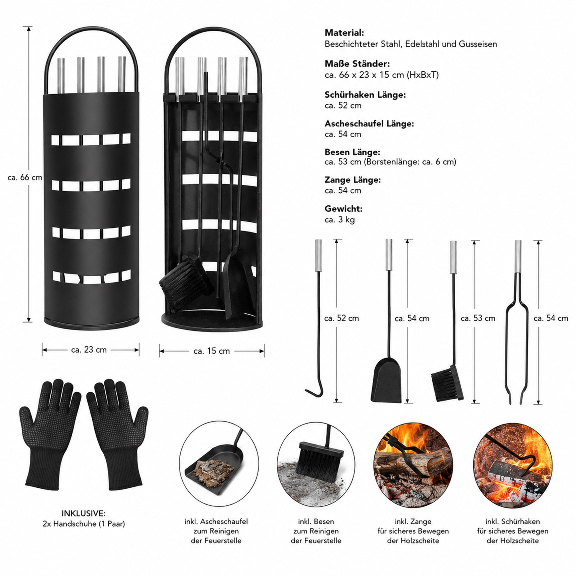 Mucola Kamingarnitur Kaminreinigungs Set 6-tlg. Kaminbesteck Kaminwerkzeuge Ständer, (Set, 6-teiliges), inkl. Ständer, Schürhaken, Ascheschaufel, Besen, Zange Handschuhe