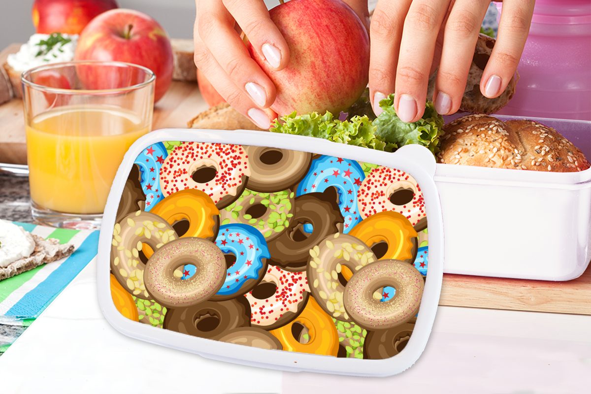 Kinder Lunchbox Jungs und und Donuts - Muster Kunststoff, Brotdose, Sterne, MuchoWow - für Mädchen für Erwachsene, Brotbox weiß (2-tlg),