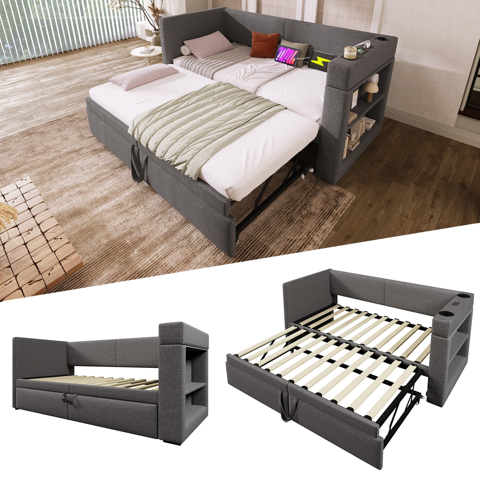 STILVORA Polsterbett Polsterbett 90x200 mit USB und Getränkehalter,Tagesbet günstig online kaufen