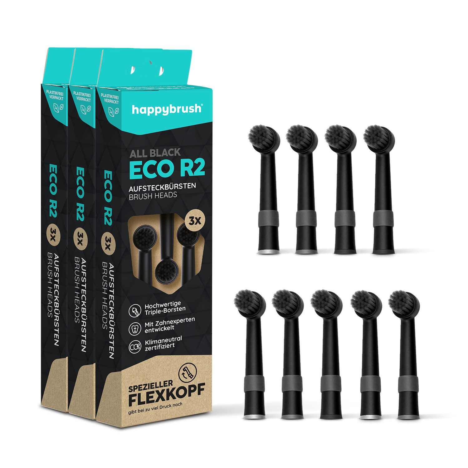 happybrush Aufsteckbürsten 3x3 R2 AllBlack, Spar-Set, für happbrush Eco R2, hochwertige Triple-Borsten, Wechselindikator