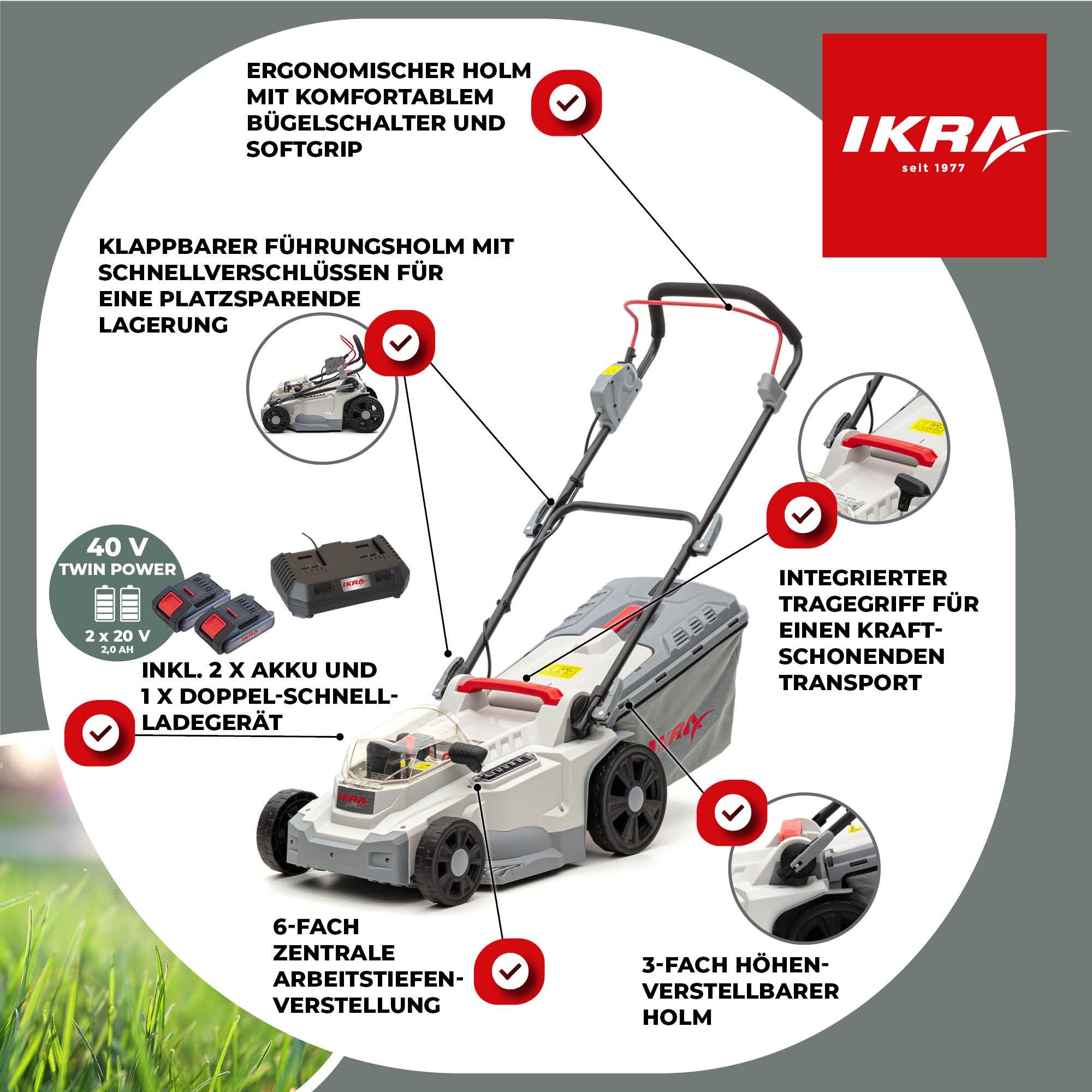 ikra GmbH Akkurasenmäher ICM 2/2037, 37 cm Schnittbreite, 40V Leistung / Mulchkit - Flächen bis 250 m²