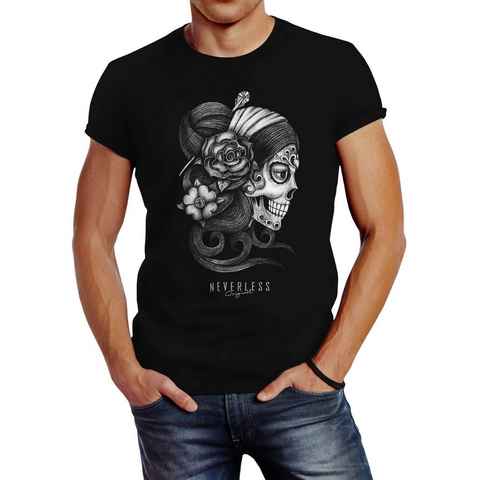 Neverless Print-Shirt Herren T-Shirt Santa Muerte La catrina Mexican Skull Dia de los Muertos Tattoo Design Slim Fit Neverless® mit Print