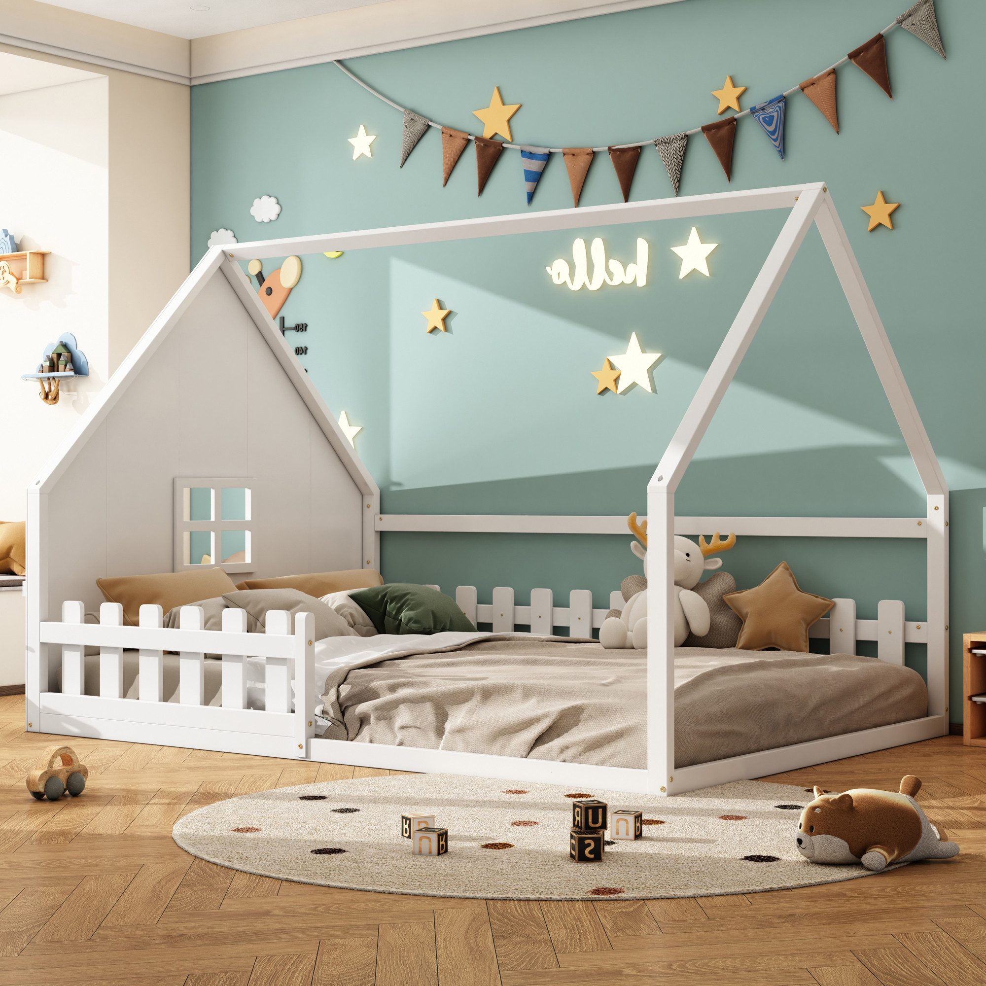 Flieks Massivholzbett, Kinderbett Hausbett Doppelbett 140x200cm günstig online kaufen