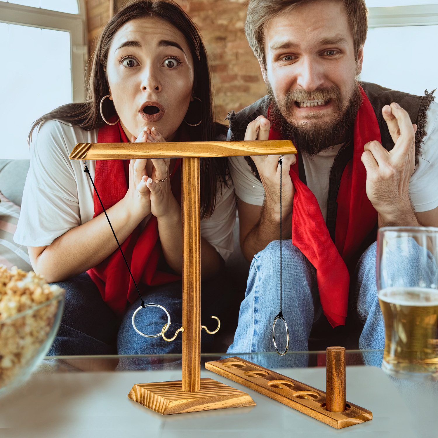 Goods+Gadgets Spiel GOODS+GADGETS Holz Ringwurf Spiel – Aktion Hakenspiel für 2 Spieler, Ringwurfspiel Deluxe, Ring Toss Hook Battle-Game