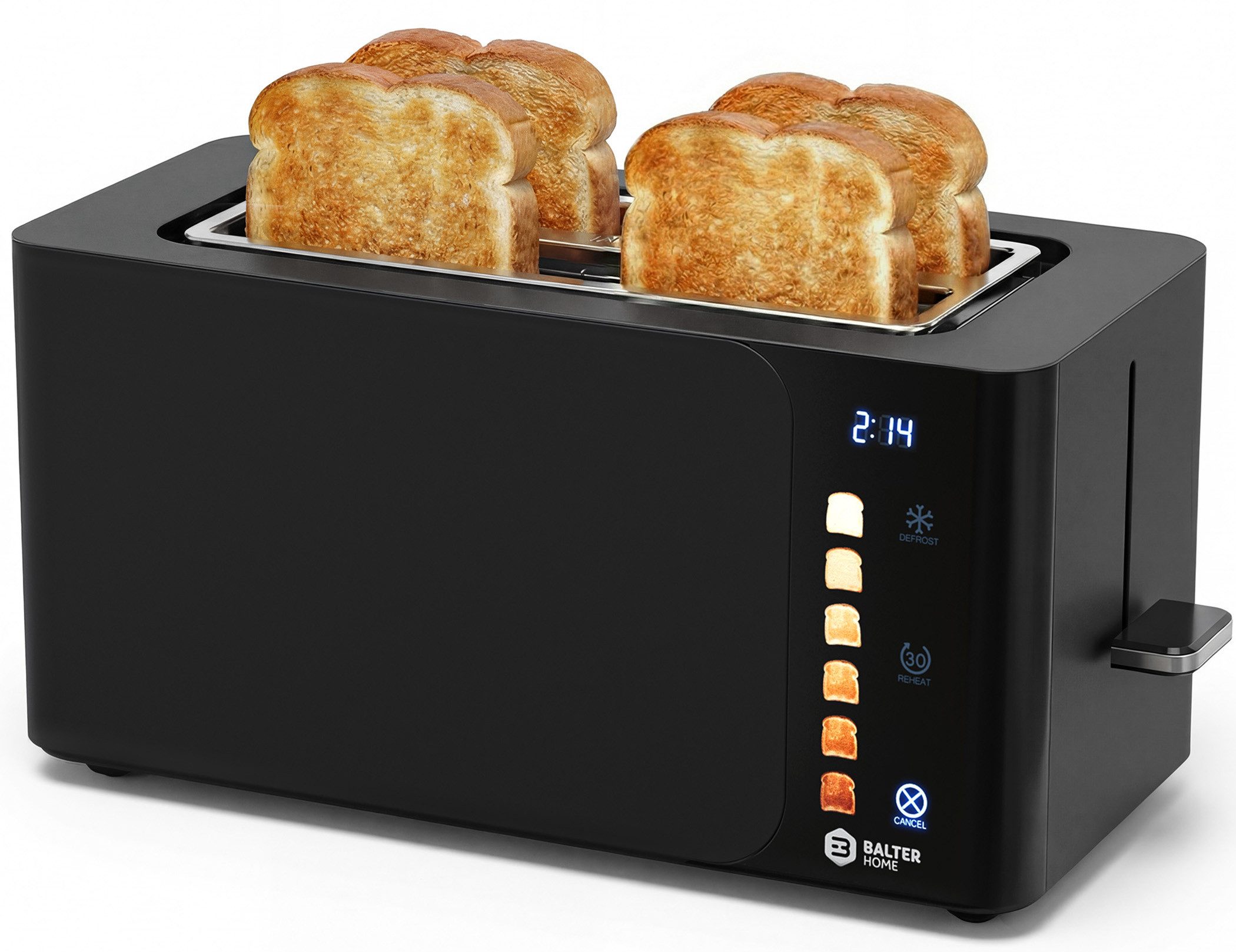 Balter Toaster 4 Scheiben, Langschlitz, Edelstahl, Brötchenaufsatz, Schwarz, Langschlitz, für Sandwichtoast, 1500 W, Touch Screen, 2 lange Schlitze für 4 Scheiben, 1500 W, Brötchenaufsatz