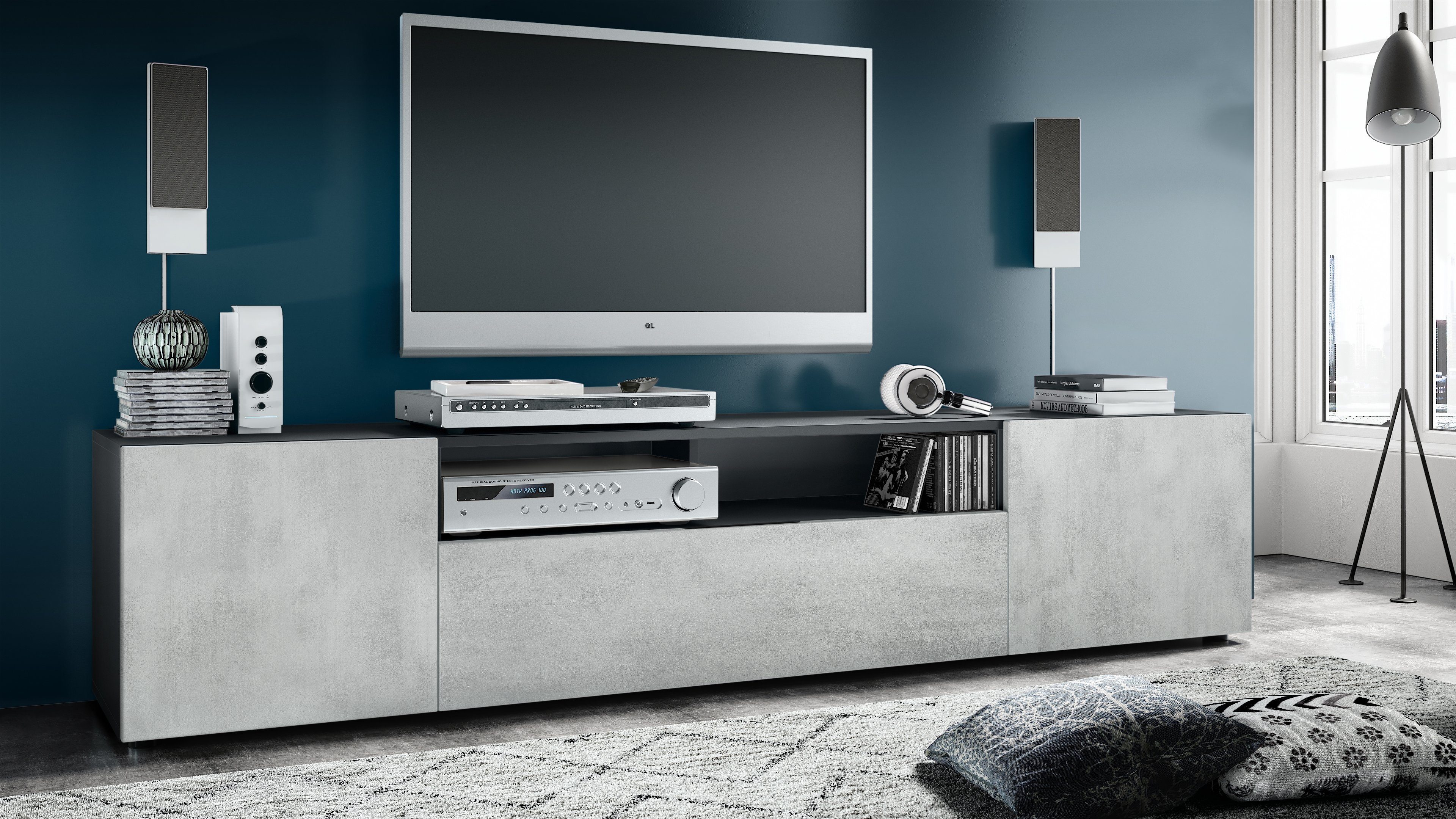 Vladon Lowboard Mogan (TV-Kommode, mit 2 Türen, 1 Klappe und 1 offenes Fach), Schwarz matt/ Beton Oxid-Optik (181 x 39 x 35 cm)