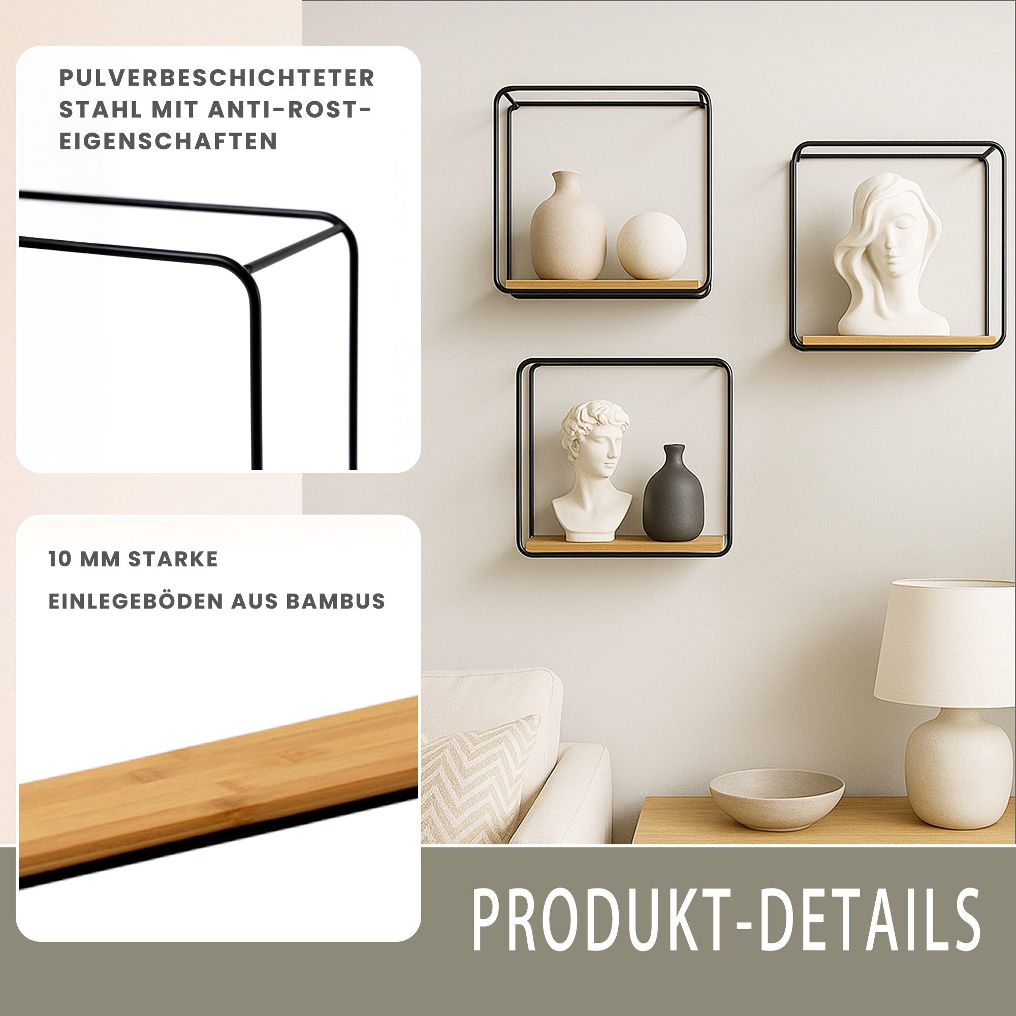 BERLINLODGE® Wandregal Wandregal Metall/Bambus 3er Set Schwarz Hängeregal Wanddeko und Ablage, Modernes Regal Wandmontage Würfelregal Hängeregal Wohnzimmer