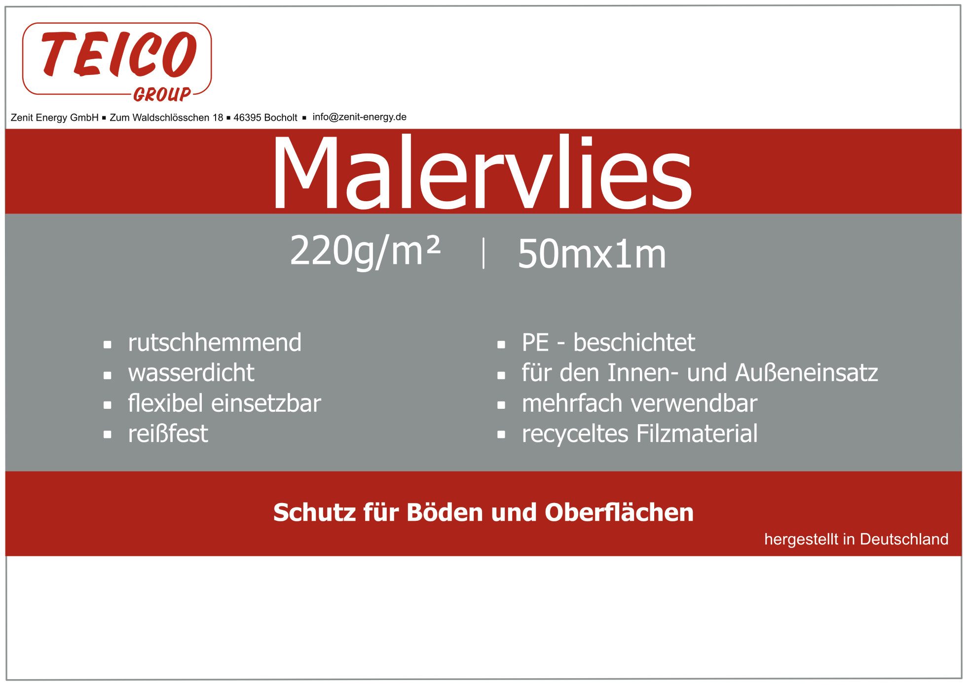 Thumbnail - TEICO GROUP Malervlies Abdeckvlies, Malerabdeckvlies, 50m² Rolle, 100cm x 50 m, 220g/m², 220g/m²