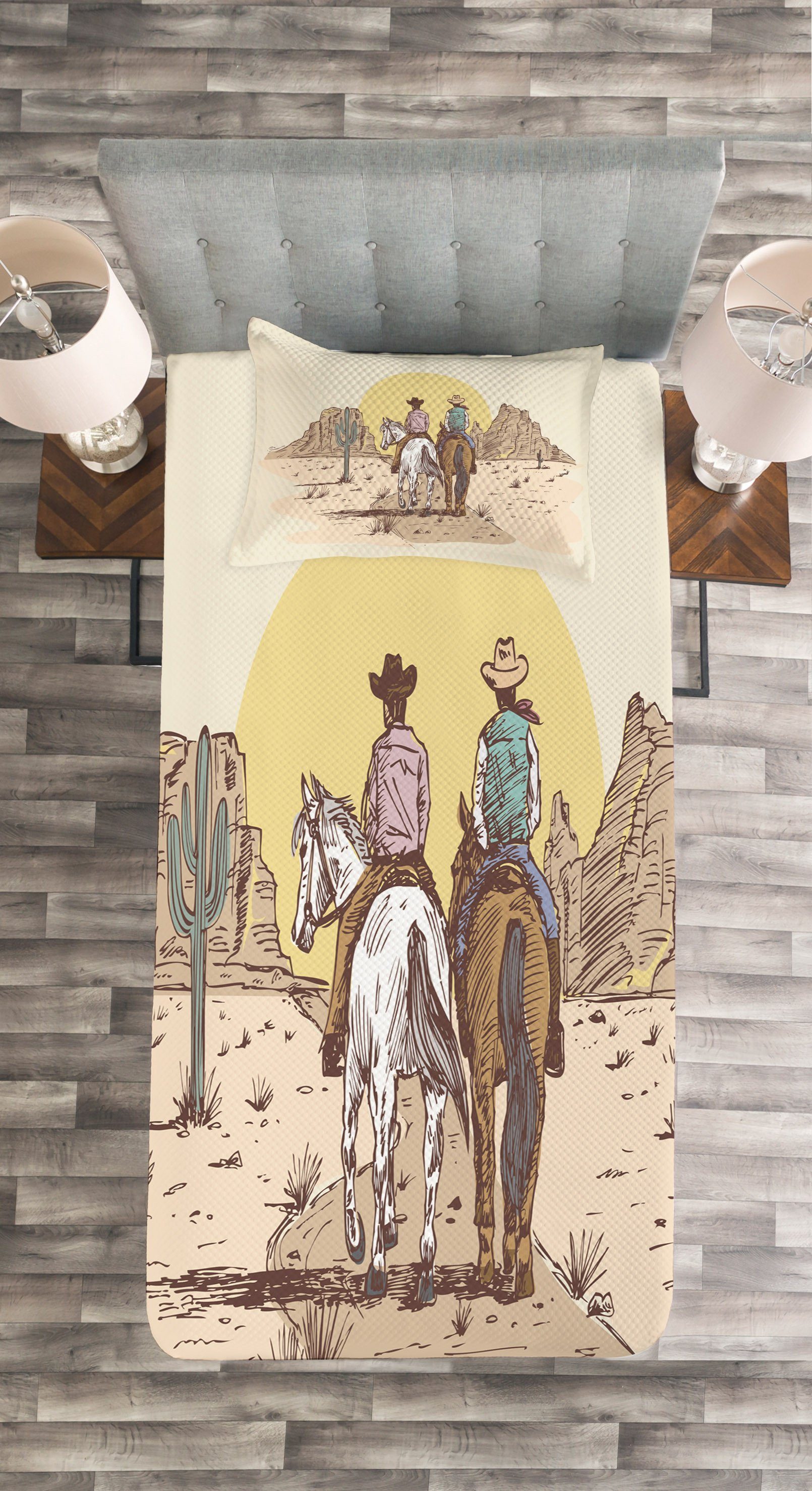 Cowboys mit Set in western Tagesdecke Abakuhaus, Desert 2 Waschbar, Horse Kissenbezügen