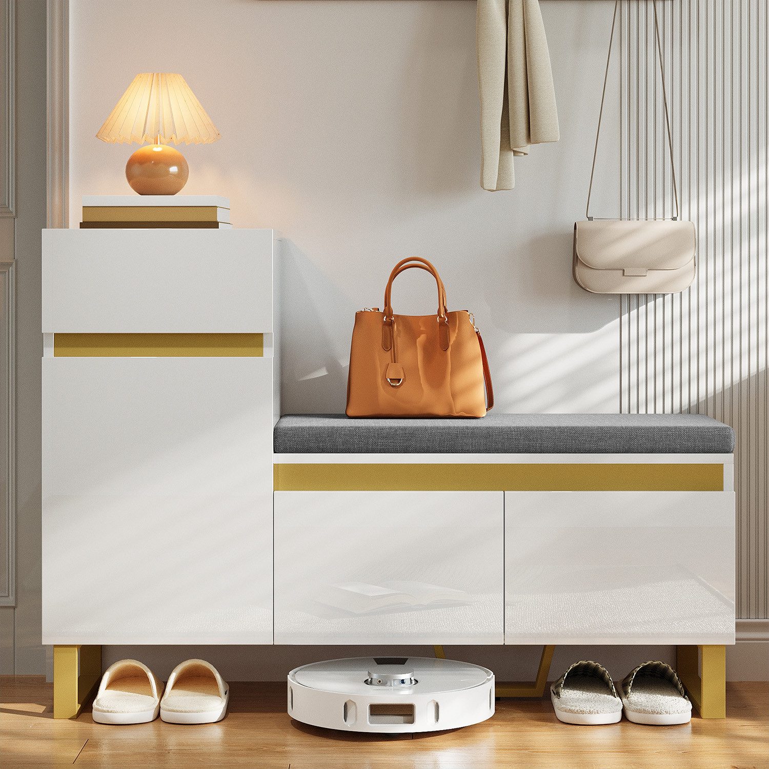 Merax Schuhschrank mit zweifarbiges Design und goldenen Details (1-St., 120×35×85 cm) Schuhregal mit integrierter Sitzbank, Schublade und offenem Fach