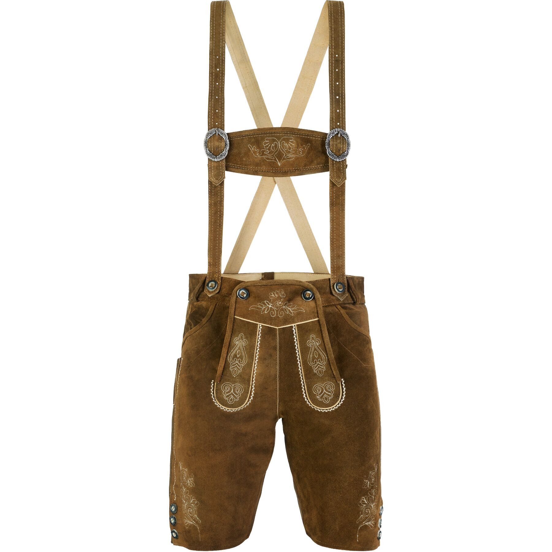dressforfun Trachtenhose Klassische kurze Lederhose mit gesticktem Latz, robust (Herrenhose Jakob, für Volksfeste in Olivebraun) Inkl. Gürtel, Hosenträgern, Trachtenhemd, Loferl und Haferlschuhen