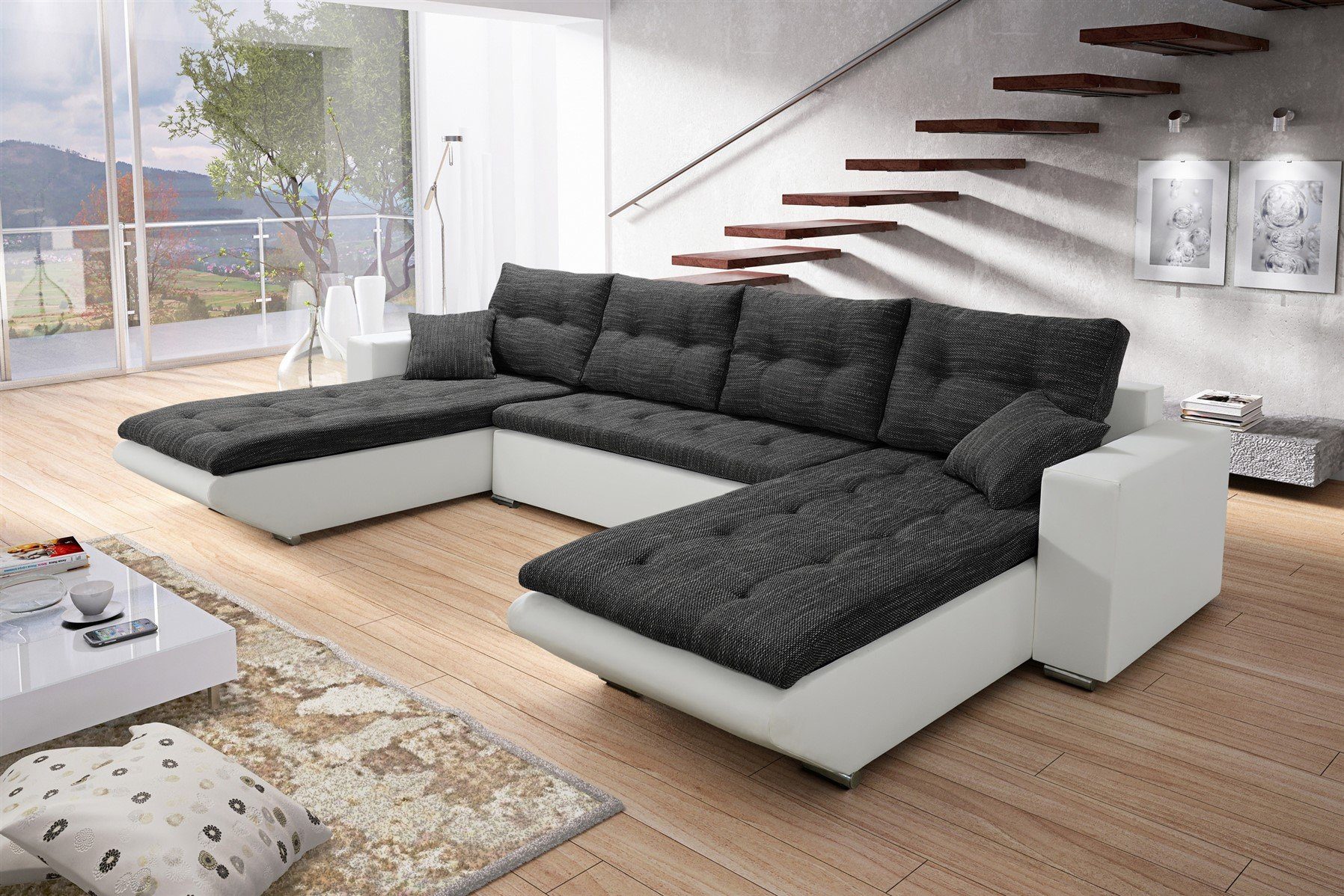 Fun Möbel Wohnlandschaft Wohnlandschaft Schlaffunktion, und Bettkasten NINO Rückenkissen, mit inkl. Sofa Weiß-Schwarz XL Mit Zierkissen