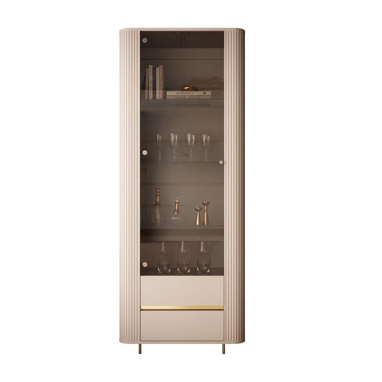 ALLHOUSE24 Vitrine MIRACLE Sandbeige, Glasvitrine, Rillenstruktur, Metallfüße (1x Vitrine) Breite 76 cm