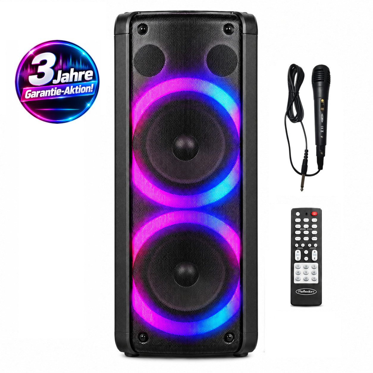 Reflexion PS09BT mit rotierenden Lichteffekten Party-Lautsprecher Stereo (Bluetooth, 500 W, Bluetooth, Radio, Karaoke, Disco-Licht Effekte, Micro-SD Slot)