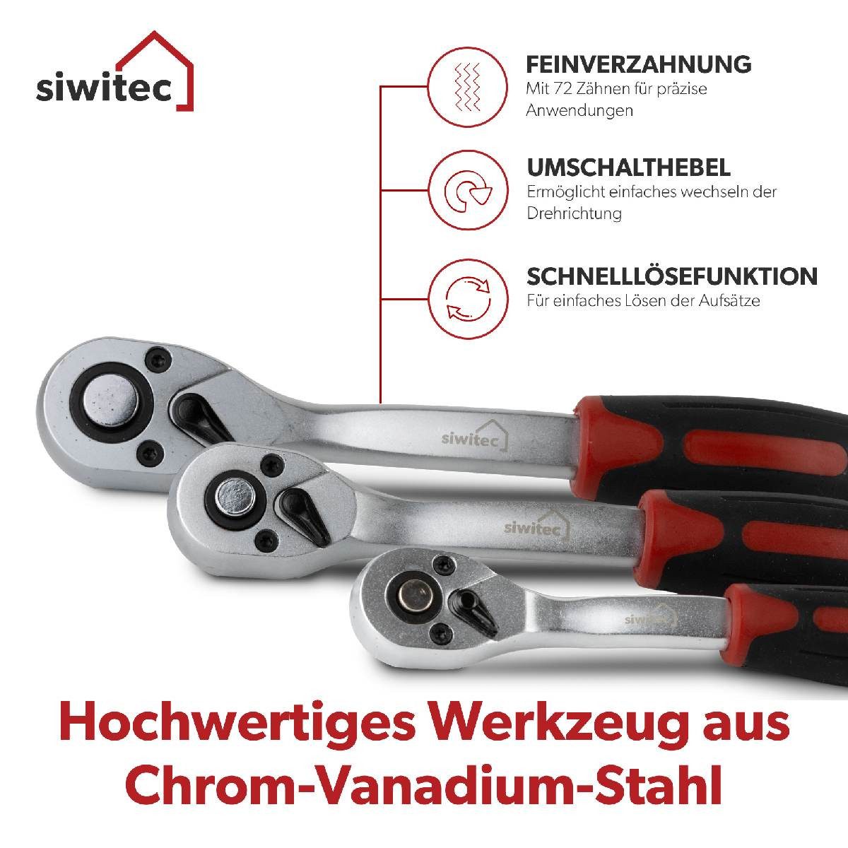 siwitec Bit- und Steckschlüsselset Steckschlüsselsatz 171-teilig, Ratschenkasten, 1/2\, 1/4\", 3/8\", Set, 171-St., Wahlweise mit 65 oder 171 Teilen erhältlich, mit 65 oder 171 Teilen, Chrom-Vanadium-Stahl, 72 Zahn-Ratschen