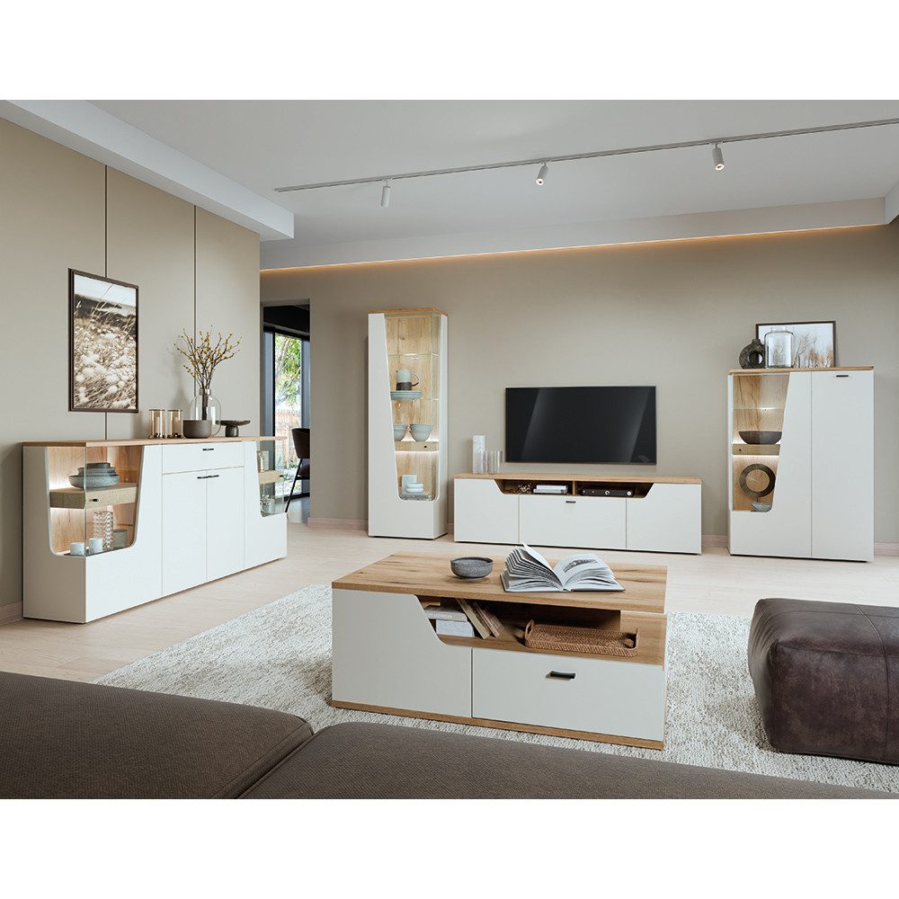 Lomadox Wohnzimmer-Set CARMONA-129, (Mega-Spar-Set, 5-St., Couchtisch Highboard Lowboard Sideboard Vitrine), in Kaschmir und Eiche, inkl. LED-Beleuchtung