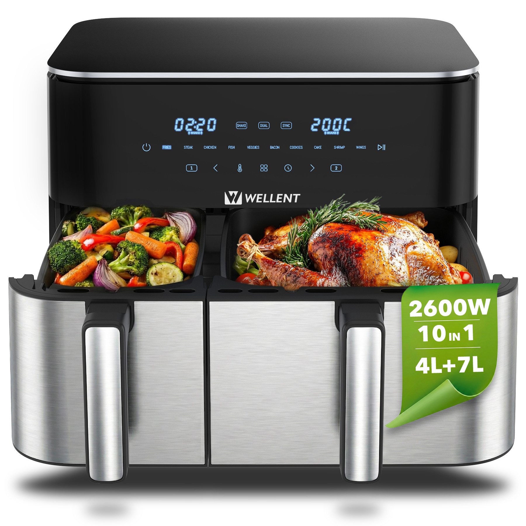 WELLENT Heißluftfritteuse 2 kammern,XXL Airfryer,10-in-1 LED-Touchscreen,energie-&zeitsparend, 2600 W, Antihaft-Metallkörbe, fettarmes gesundes Kochen für Familie&Party