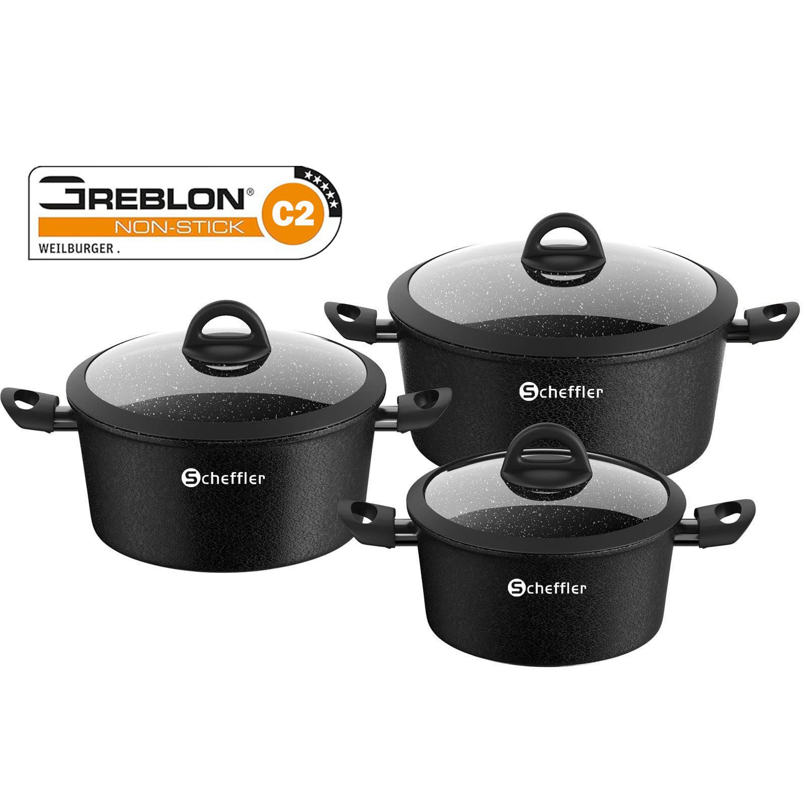 Scheffler Topf-Set 6tlg Induktions Töpfe Set Schwarze Antihaftbeschichtung mit Glasdeckel, Aluminium (Set, 6-tlg., Ø20 2,4L/Ø24 4,4L/Ø28 6,5L Töpfe Set mit Glasdeckel), Induktionsgeeignet