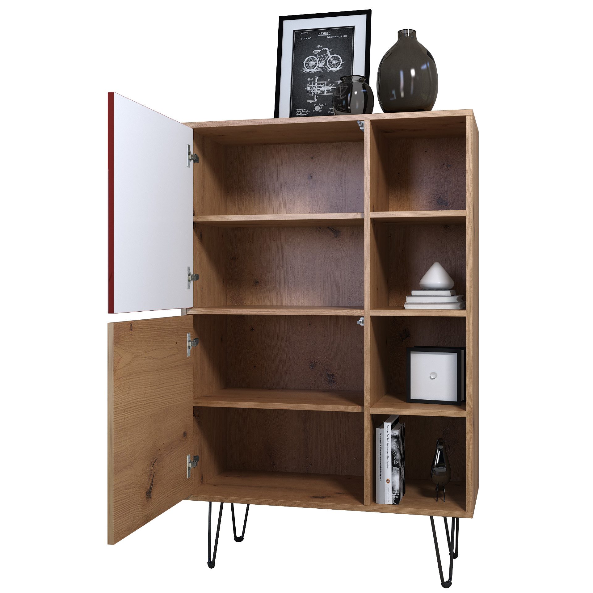 Vladon Highboard Havana V1 (Schrank mit 2 Türen und 4 offene Fächer, Kommode Made in Germany), Eiche Evoke / Schwarz Hochglanz (124 x 79 x 35 cm)