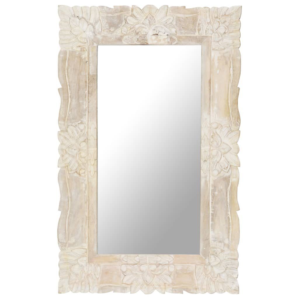 furnicato Wandspiegel Spiegel aus Vollholz mit handgeschnitztem Muster 80 x 50 cm (1-St), Verschleißfestes Wandglas mit weißem Dekor für dein Zuhause