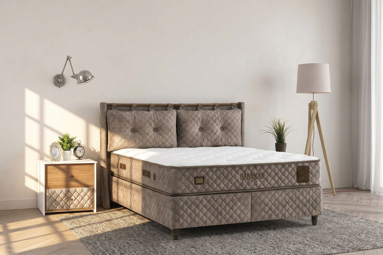 BAMBI YATAK Boxspringbett mit Bettkasten, Bambi Bamboo Sleep, Schlafzimmerbett, Nachttisch (140x200 cm, Stauraum, Bett mit Matratze, 1 x Matratze, 2 x Bettkasten, 1 x Bettkopfteil), Hyper-Schaum, Bambus-Strickstoff, Taschenfederkern, Matratzenhöhe:29cm