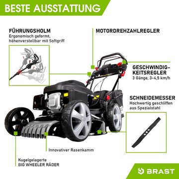 BRAST Benzinrasenmäher mit variablen Antrieb 5,2kW(7PS) Elektrostart 4 Takt OHV Motor TÜV, 46 cm Schnittbreite, 30-80mm Schnitthöhe, 60L Fangkorb, Stahlgehäuse 18224, ESTART SPEED