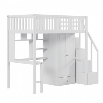 XDeer Jugendbett Hochbett 90 x 200 mit großem Kleiderschrank Regal und Tisch, Stauraum Treppe Mehrzweckbetteinheit Holzbettgestell weiß