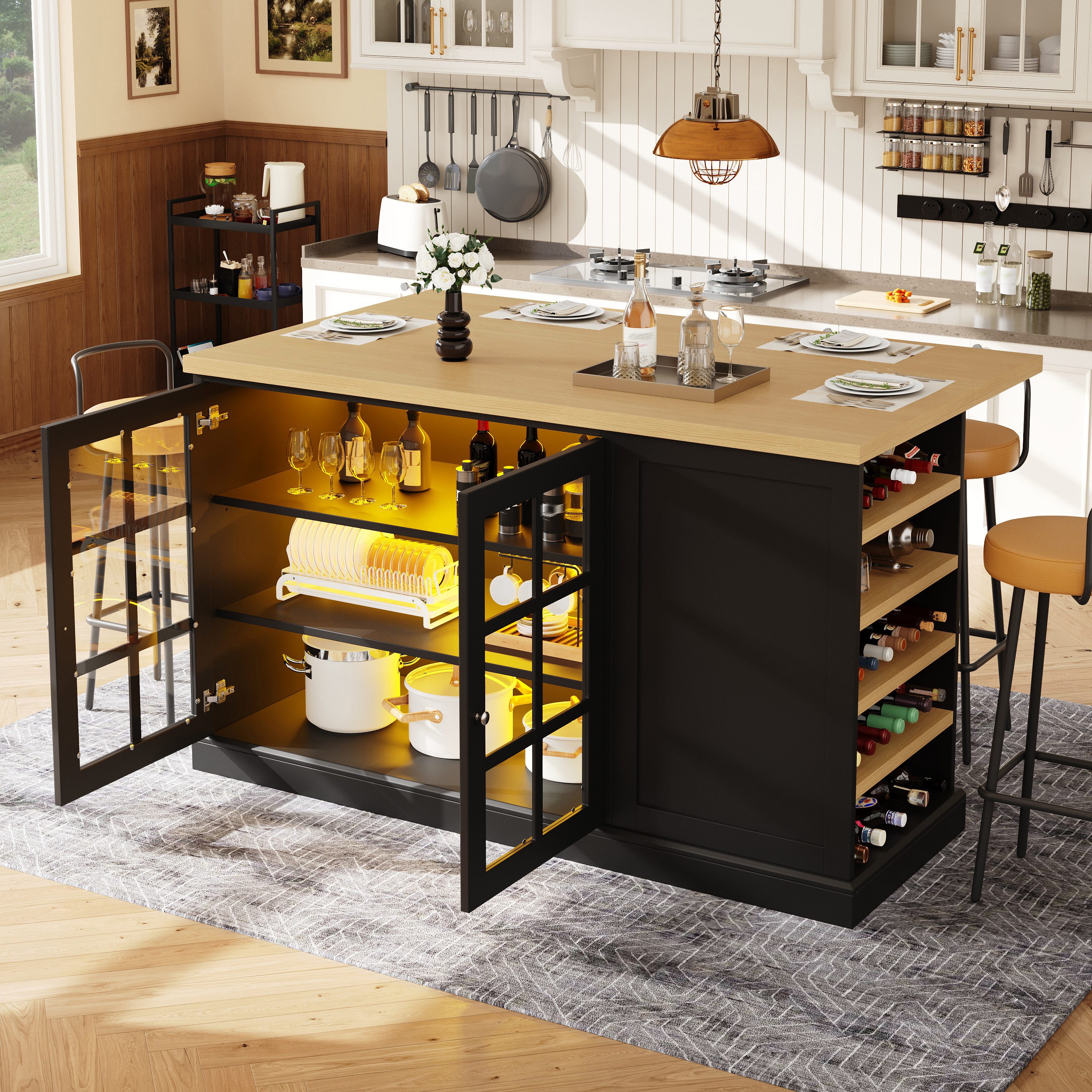 STILVORA Kücheninsel Multifunktionaler Bartisch mit Weinregal Aufbewahrungsschrank, (Klappbarer Bartisch, Kücheninsel, LED, Weinregal, 40–70 cm, USB), LED App-Steuerung, Musikmodus, faltbar, platzsparend, flexibel