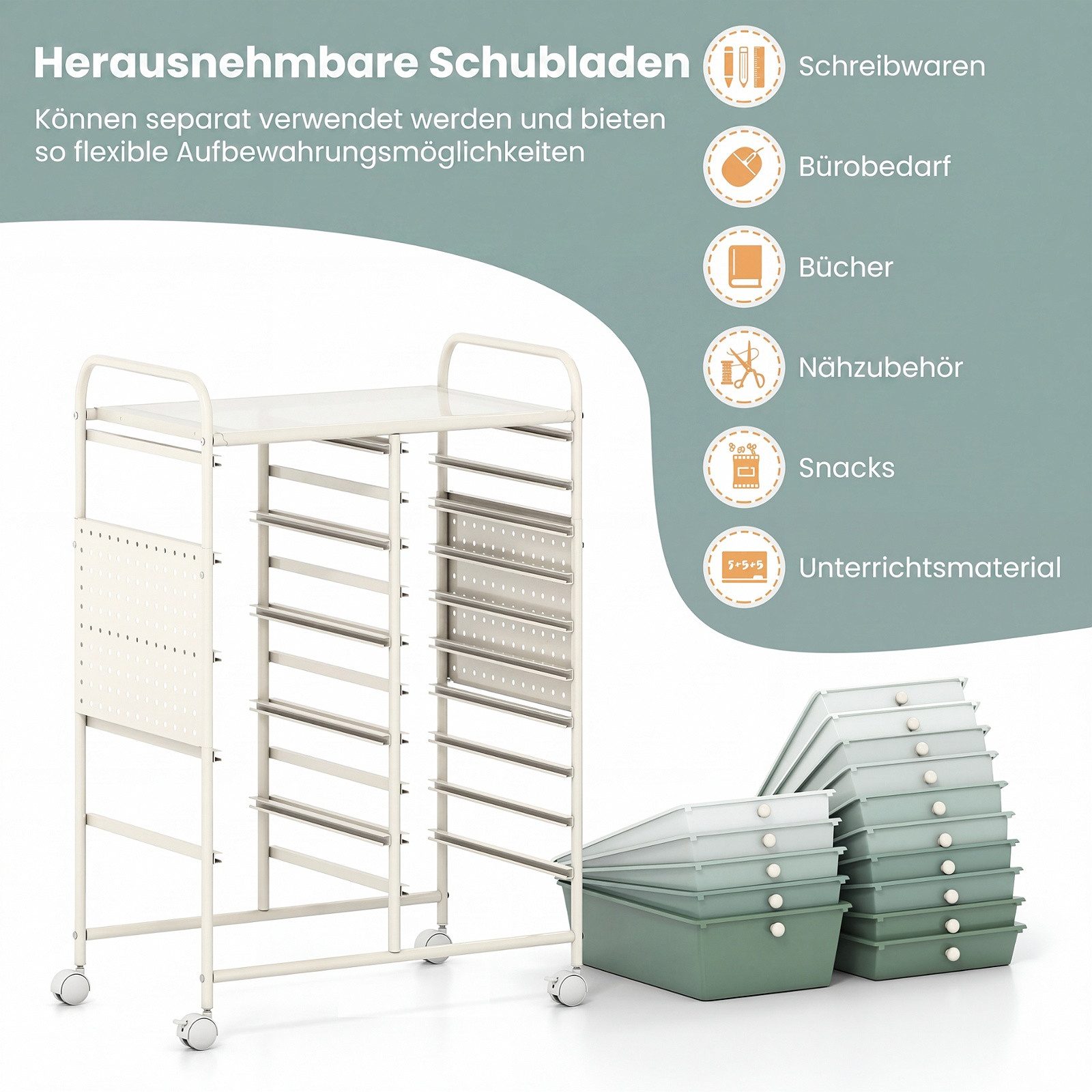 COSTWAY Rollcontainer, Rollwagen auf Rollen mit 15 Schubladen & Arbeitsplatte