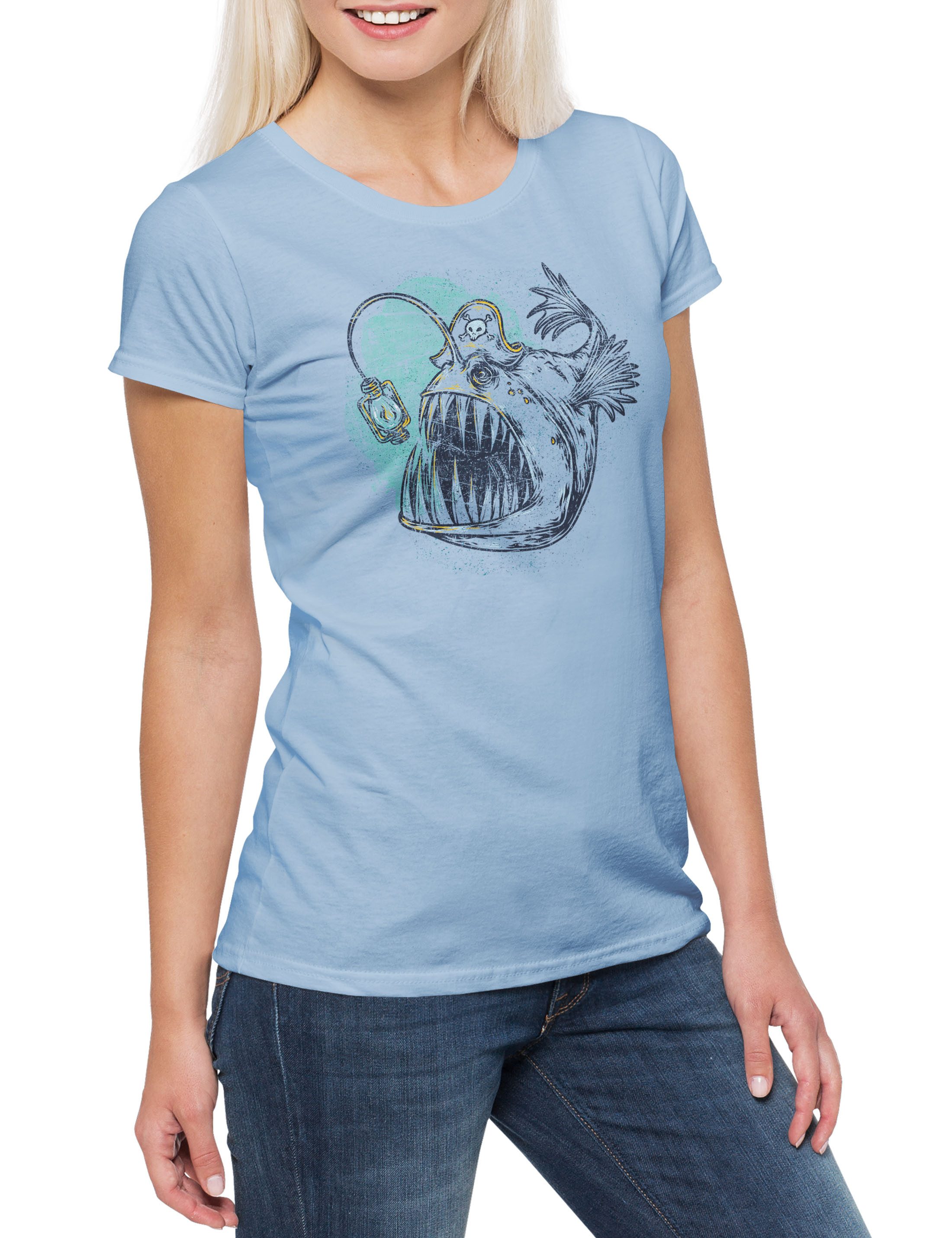 Print-Shirt Pirate Deep Sea Fish Damen T-Shirt Kapitän Pirat Taucher Sailor Tattoo