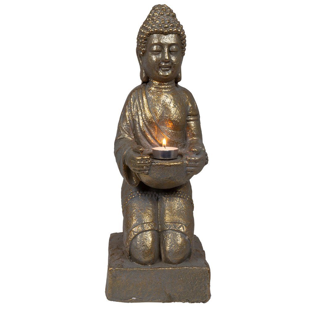 Trendyshop365 Buddhafigur 35cm Feng-Shui Dekofigur Garten Buddha Statue (1 St), wetterfest in Bronzeoptik mit Teelichthalter