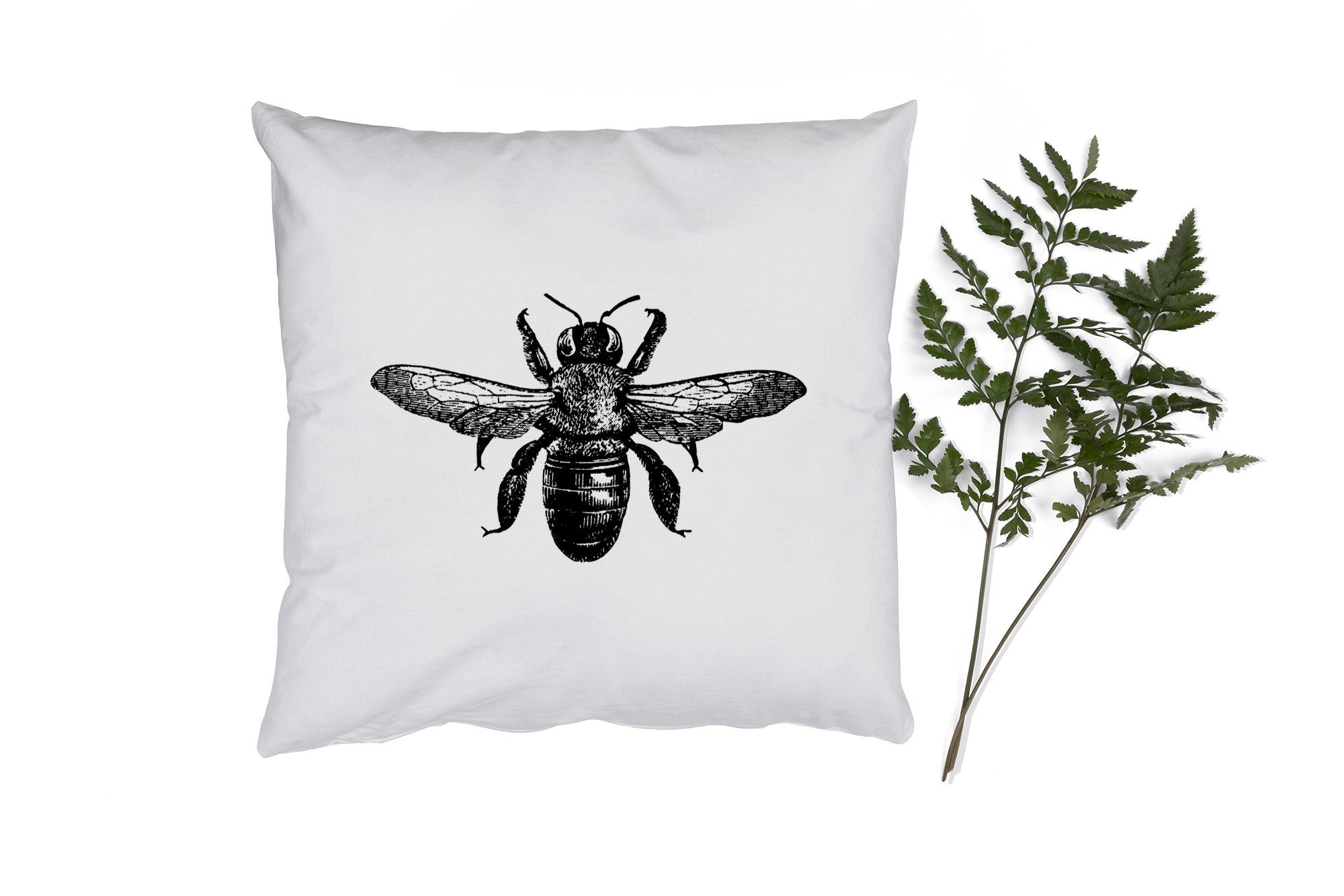 MuchoWow Dekokissen Biene - Insekt - Vintage - Schwarz und weiß, Zierkissen mit Füllung für Wohzimmer, Schlafzimmer, Deko, Sofakissen